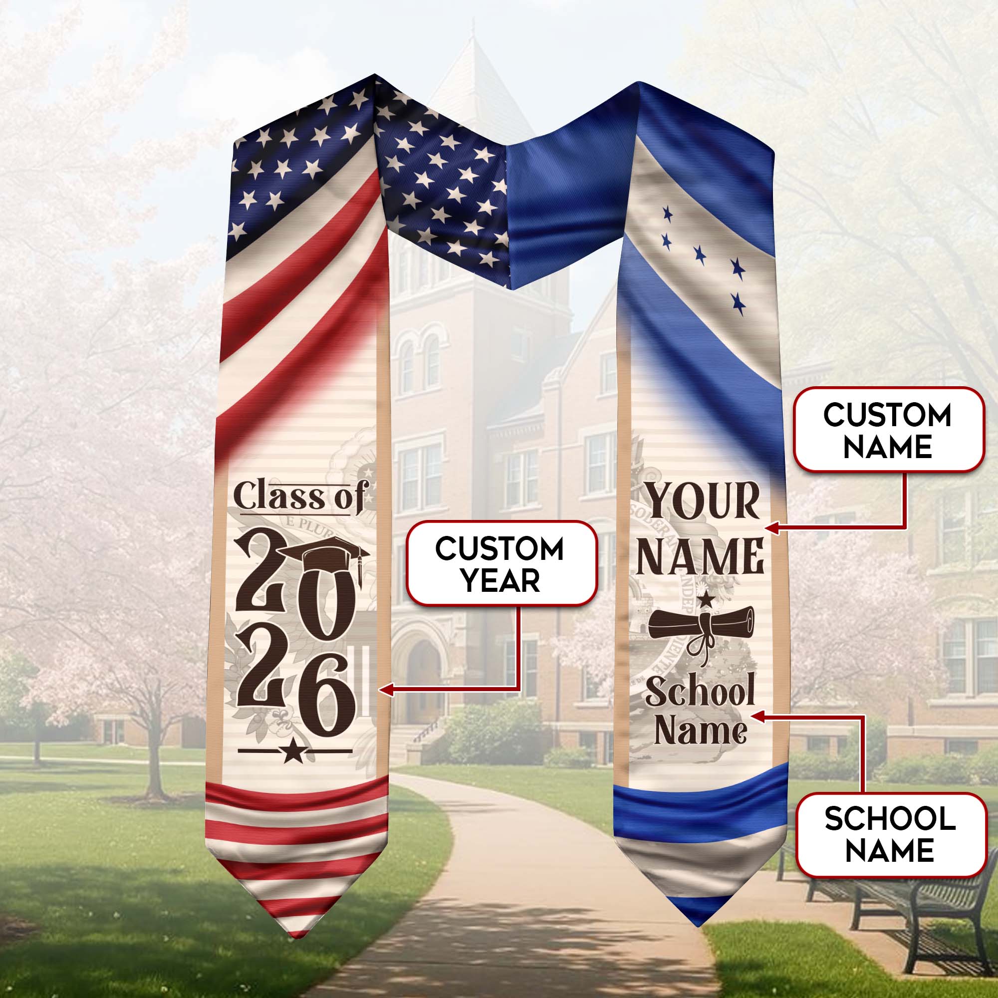 Graduation Stole Honduras Flag 2026, Honduran Sash for Graduates, Honduras Stole
