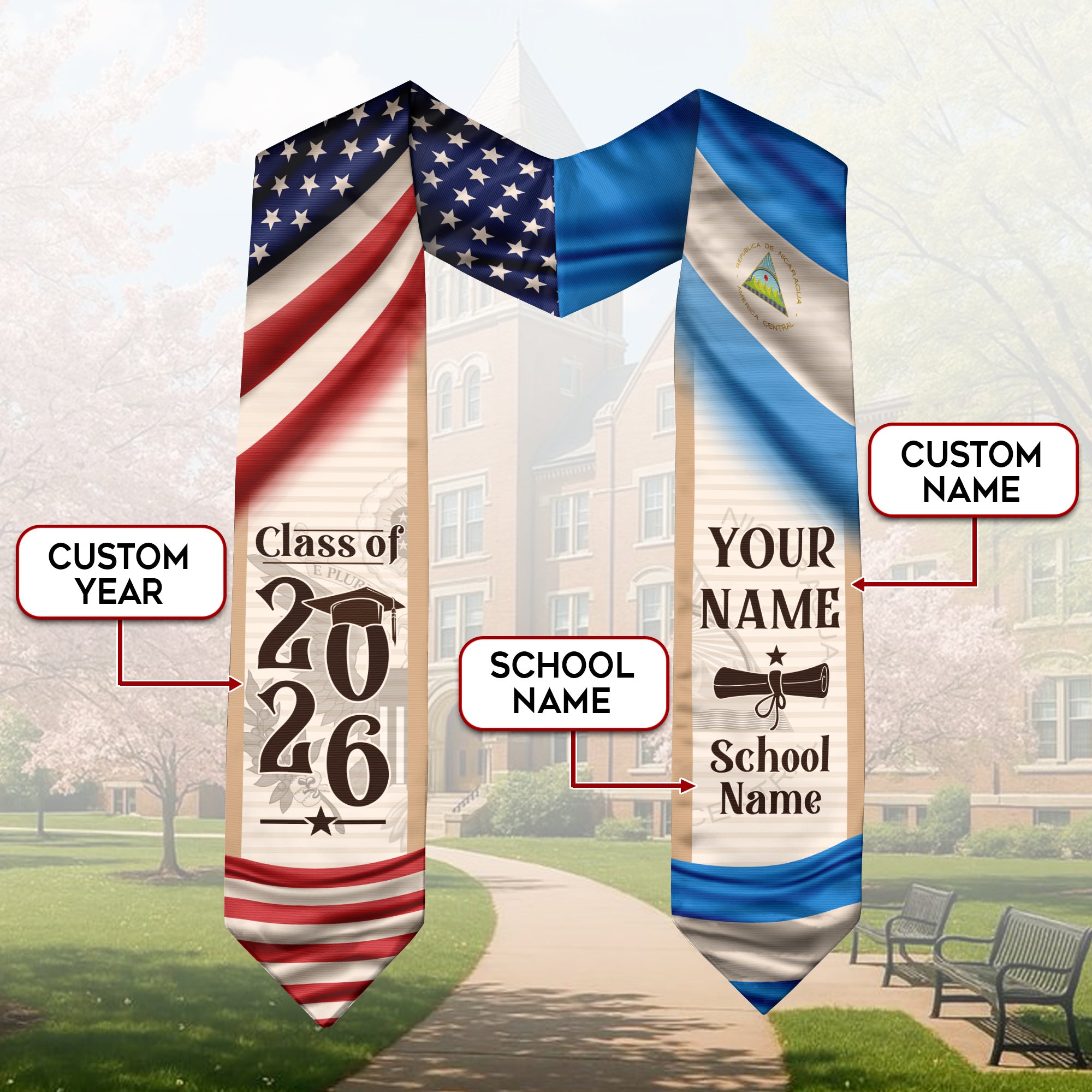 Nicaragua Graduation Sash 2026, Nicaraguan Flag Graduation Stole, Custom Accent for Grads