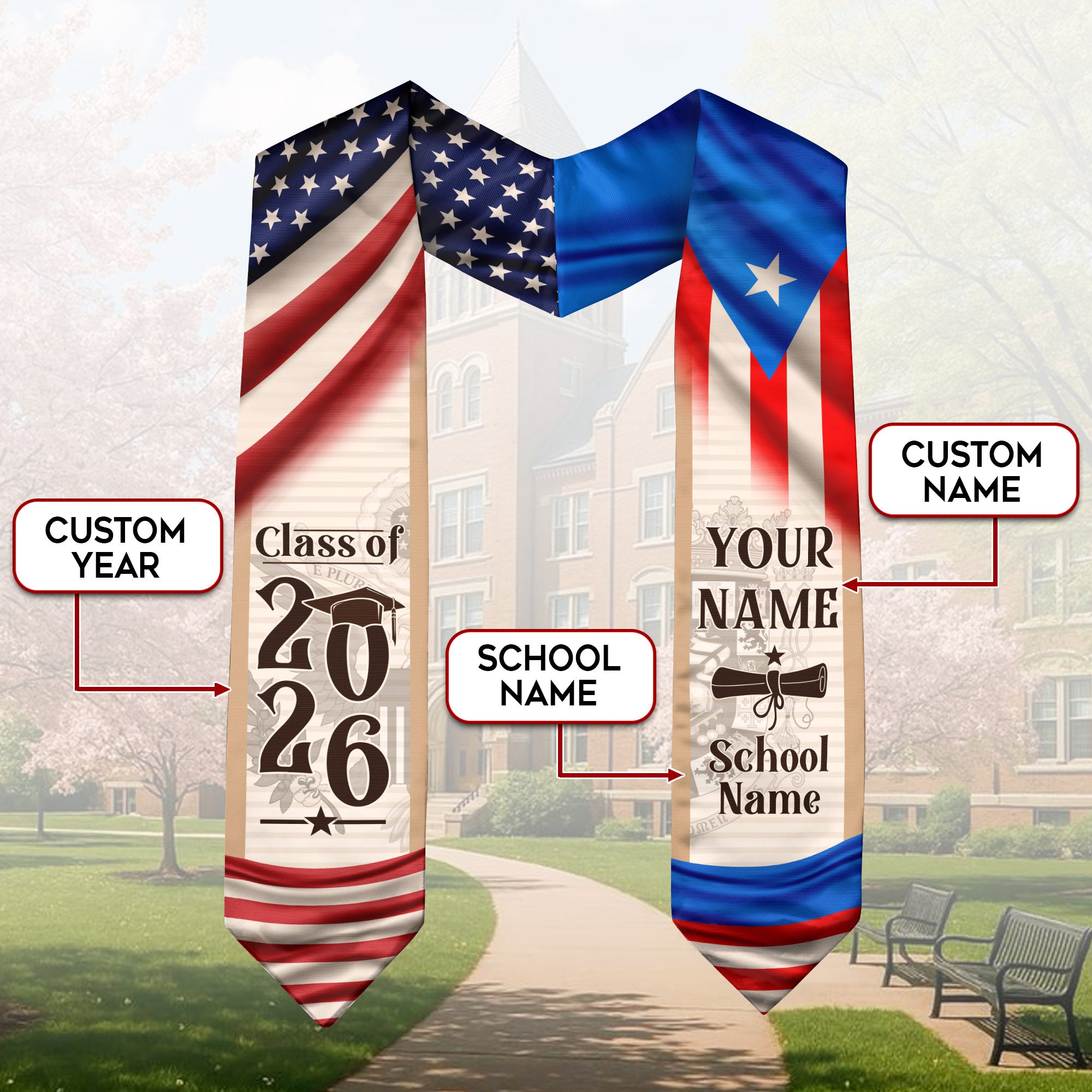 Puerto Rico Graduation Sash 2026, Puerto Rican Flag Graduation Stole, Custom Accent for Grads