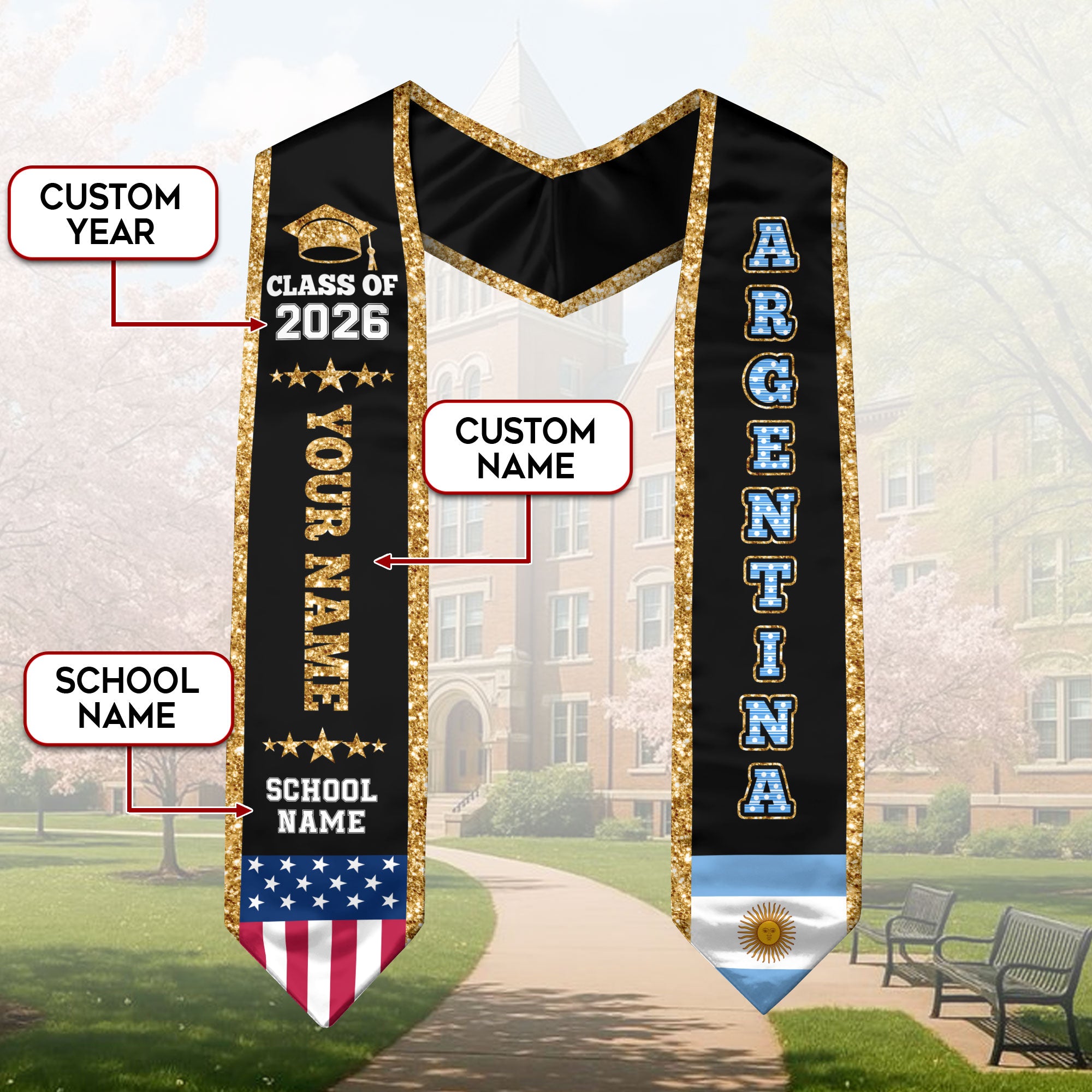 Argentina Graduation Stole 2026, Argentina Flag Sash, Personal Detail Option for Graduates