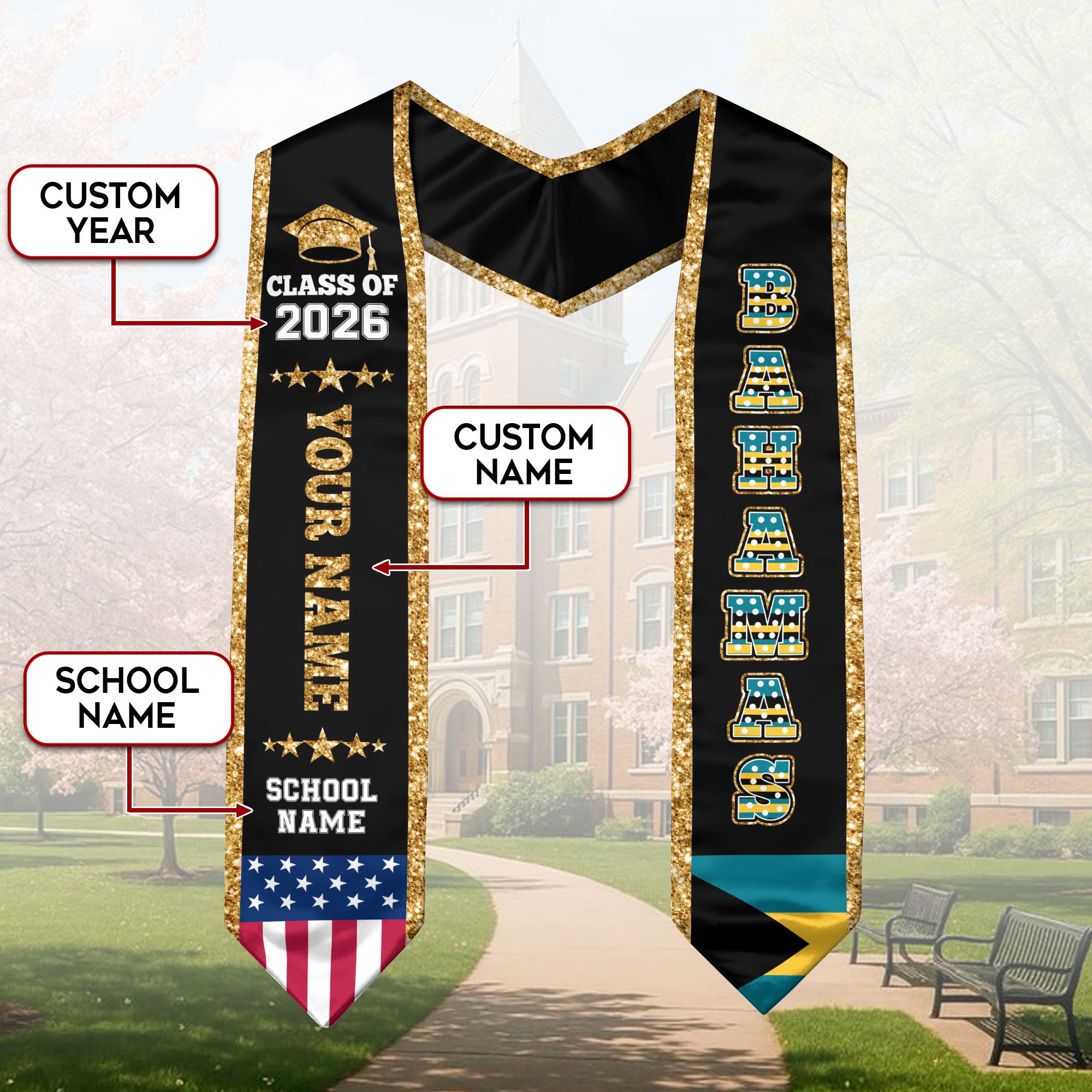 Bahamas Graduation Stole 2026, Bahamas Flag Sash, Personal Detail Option for Graduates