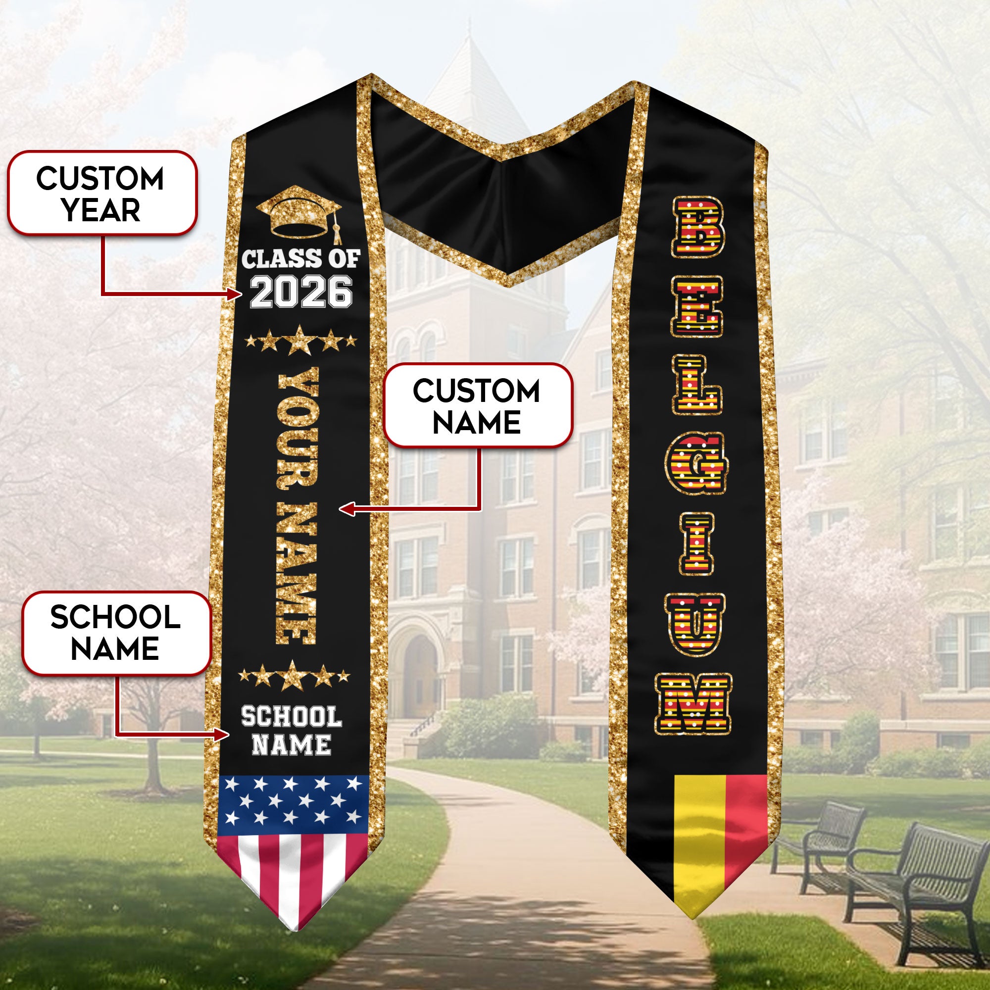 Belgium Graduation Stole 2026, Belgium Flag Sash, Personal Detail Option for Graduates