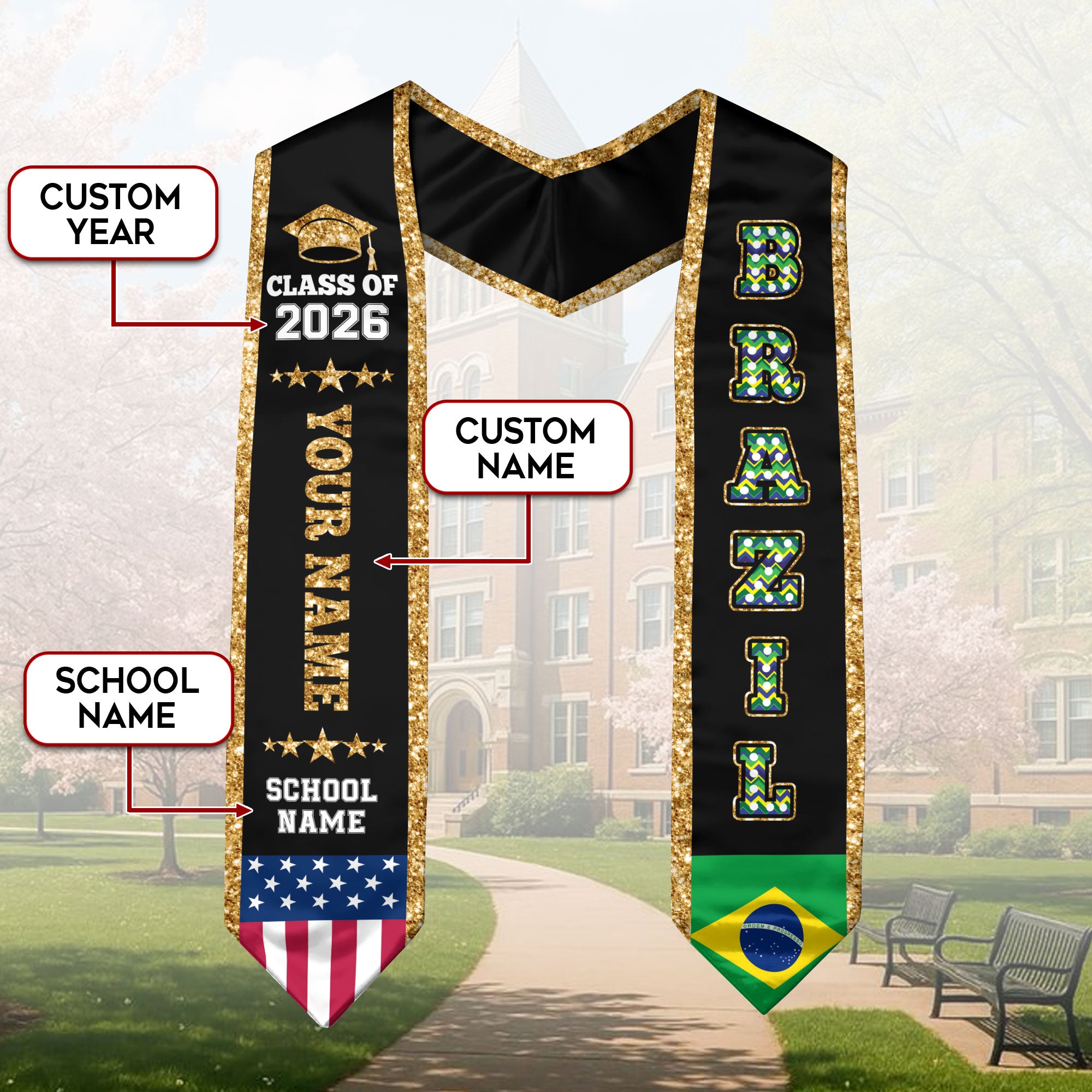 Brazil Graduation Stole 2026, Brazil Flag Sash, Personal Detail Option for Graduates