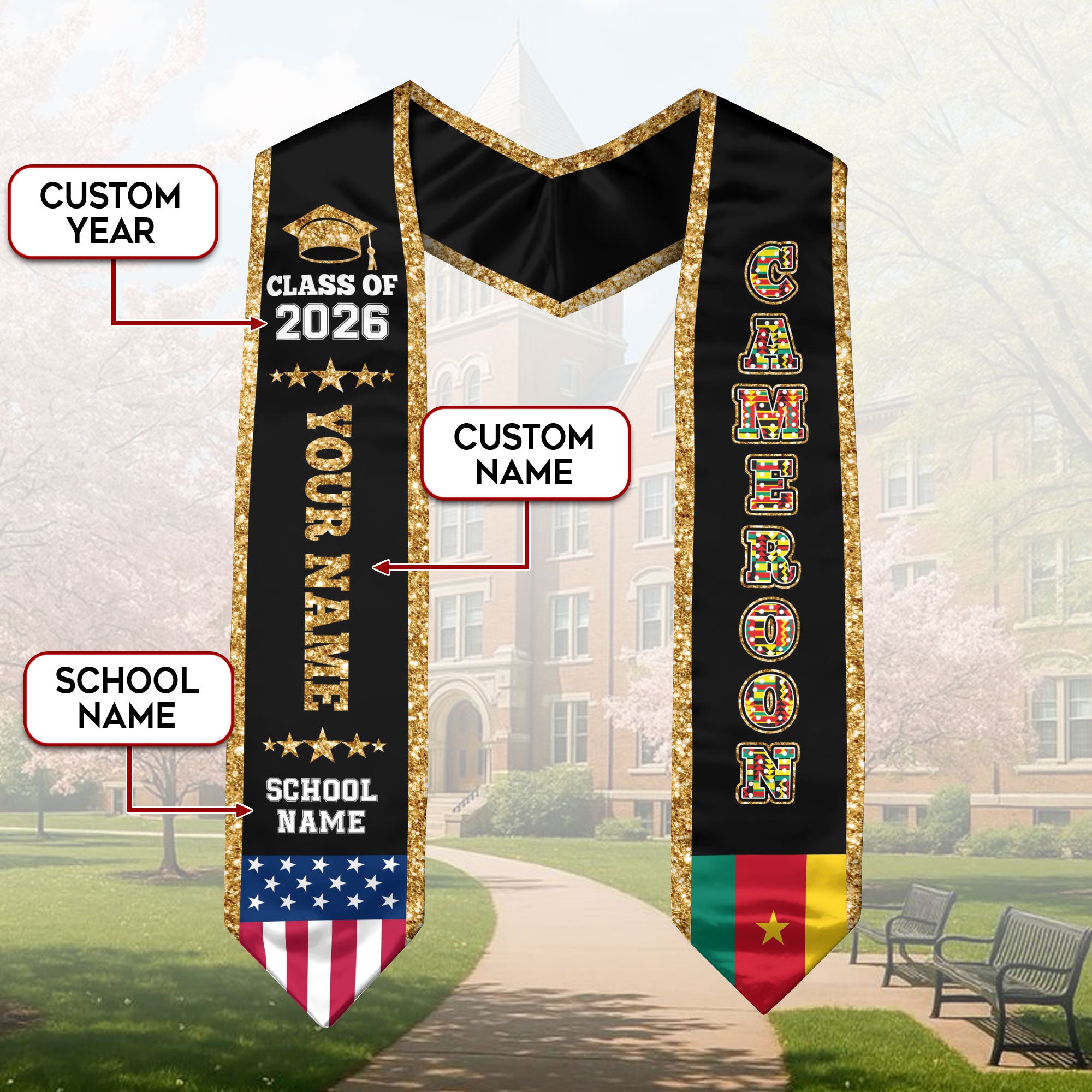 Cameroon Graduation Stole 2026, Cameroon Flag Sash, Personal Detail Option for Graduates