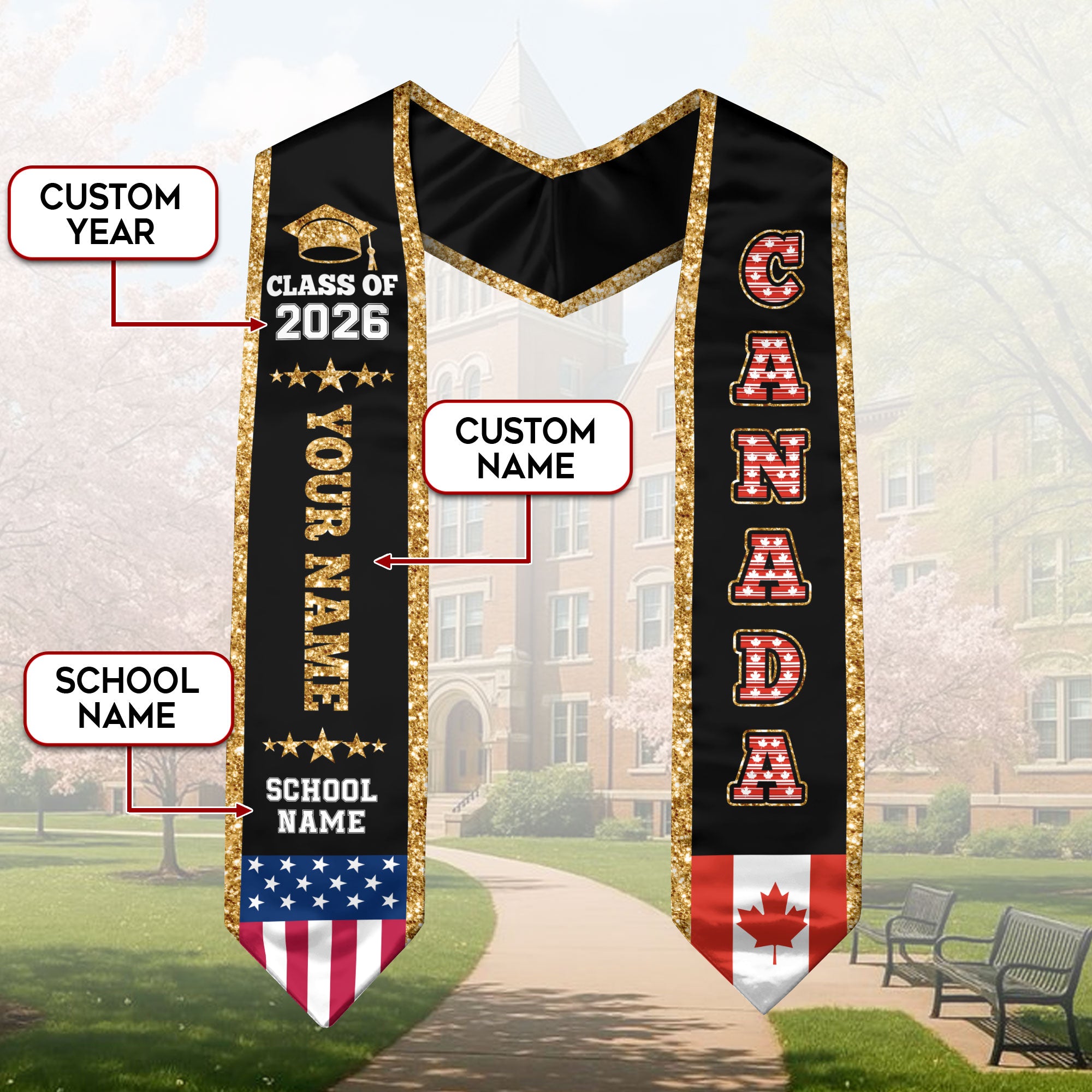 Canada Graduation Stole 2026, Canada Flag Sash, Personal Detail Option for Graduates