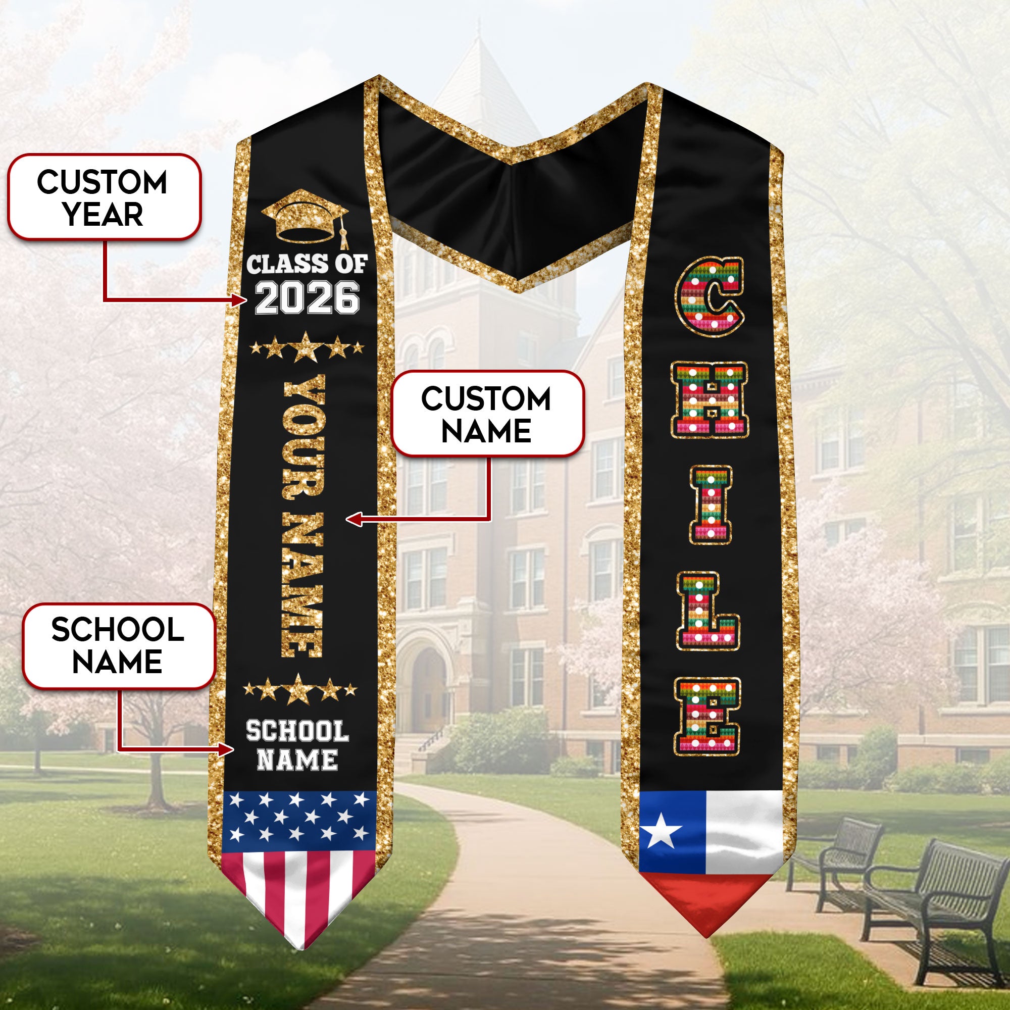 Chile Graduation Stole 2026, Chile Flag Sash, Personal Detail Option for Graduates
