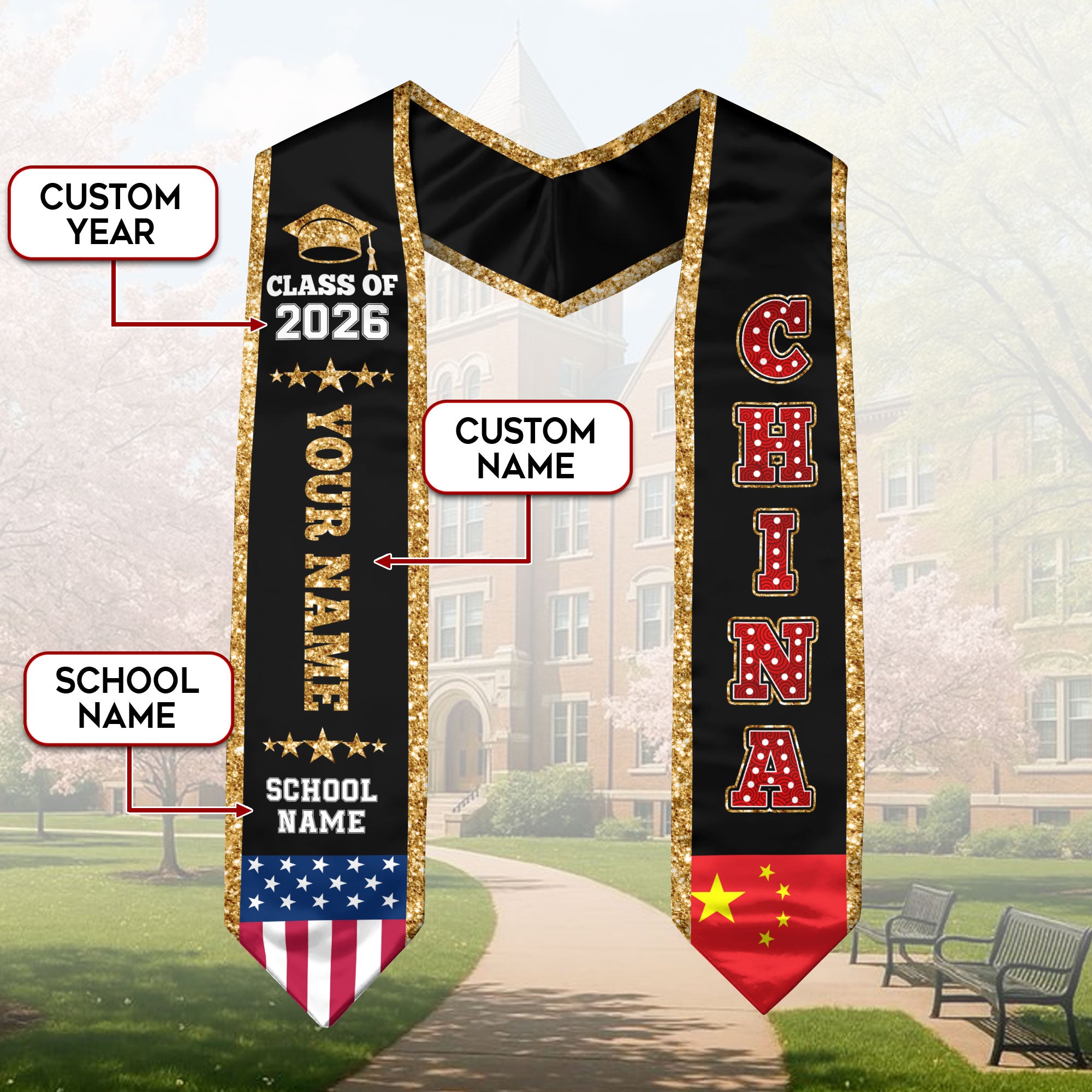 China Graduation Stole 2026, China Flag Sash, Personal Detail Option for Graduates