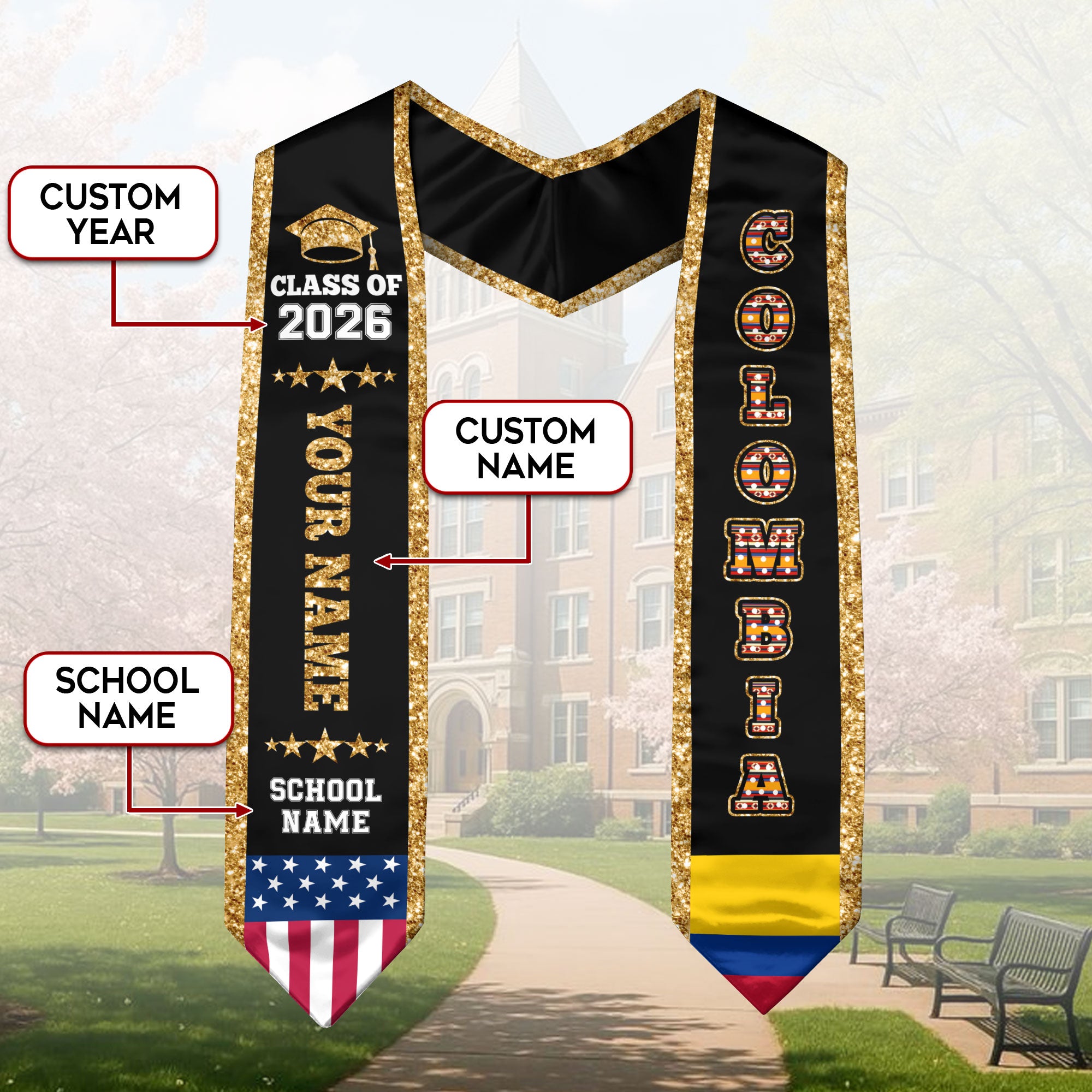 2026 Colombia Flag Graduation Stole, Colombia Sash, Personal Detail Option for Grads