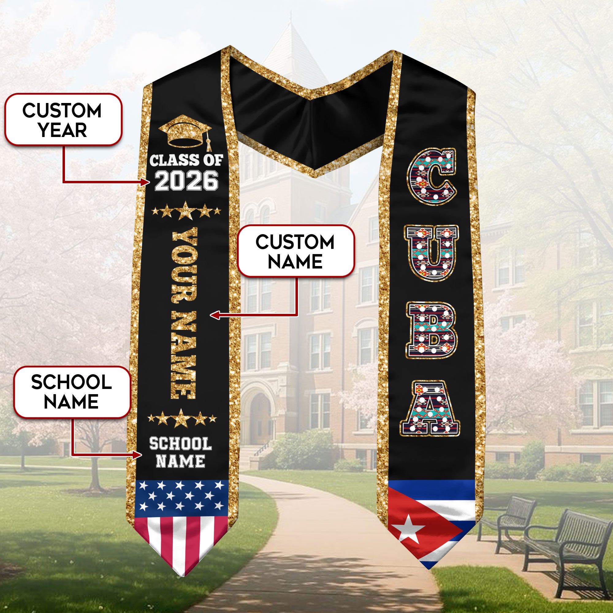 2026 Cuba Flag Graduation Stole, Cuba Sash, Personal Detail Option for Grads Ceremony