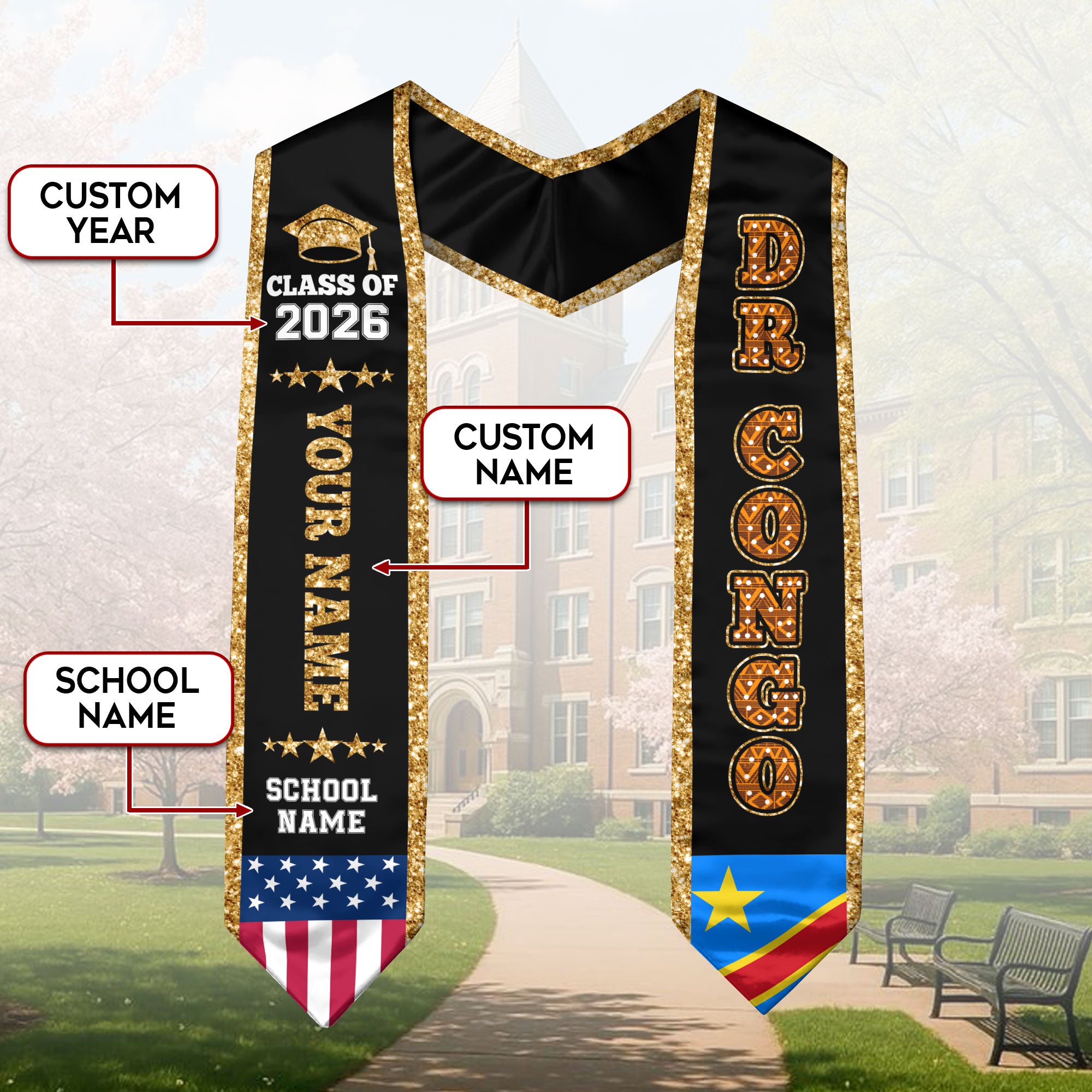 DRCongo Graduation Stole 2026, DRCongo Flag Sash, Personal Detail Option for Graduates