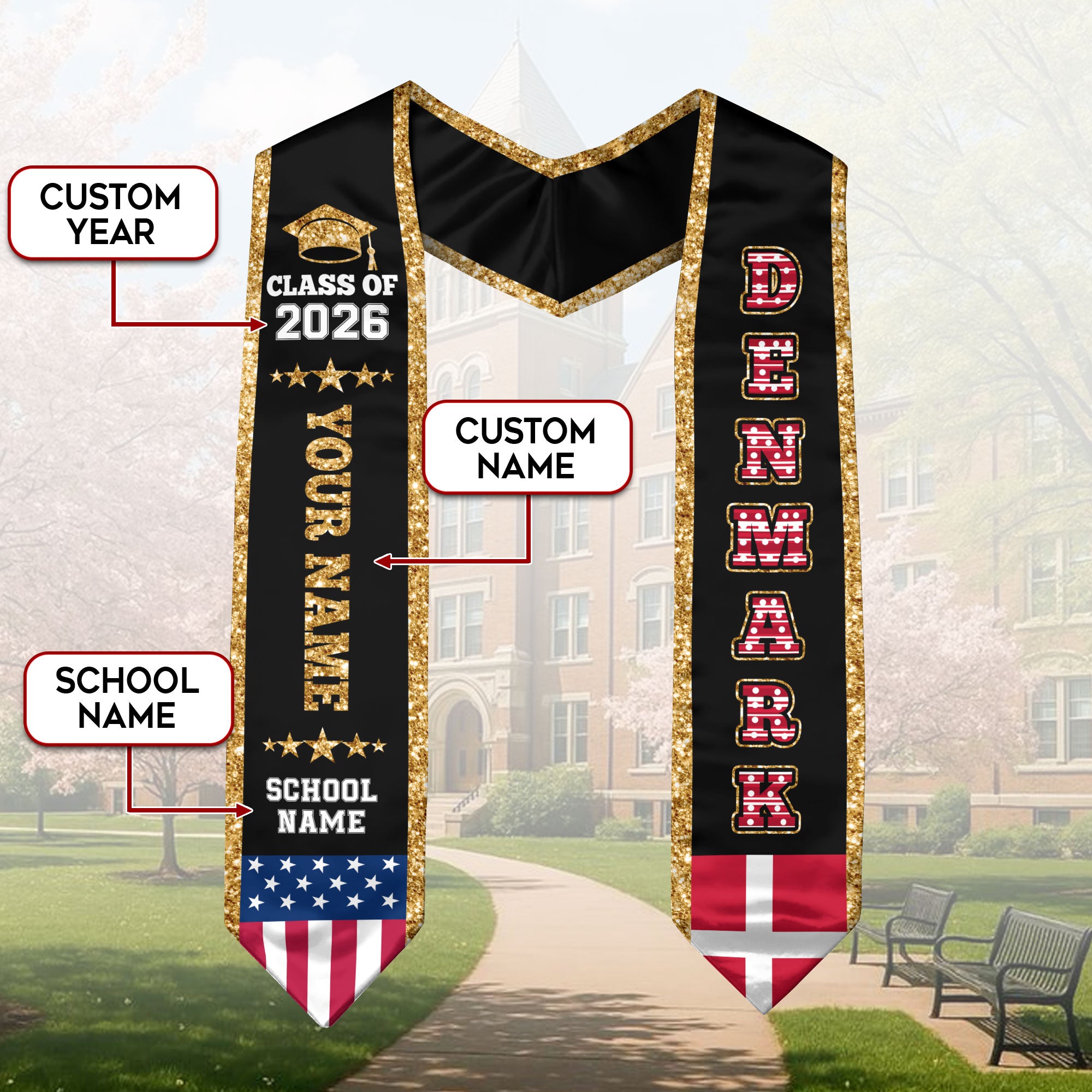 Denmark Graduation Stole 2026, Denmark Flag Sash, Personal Detail Option for Graduates