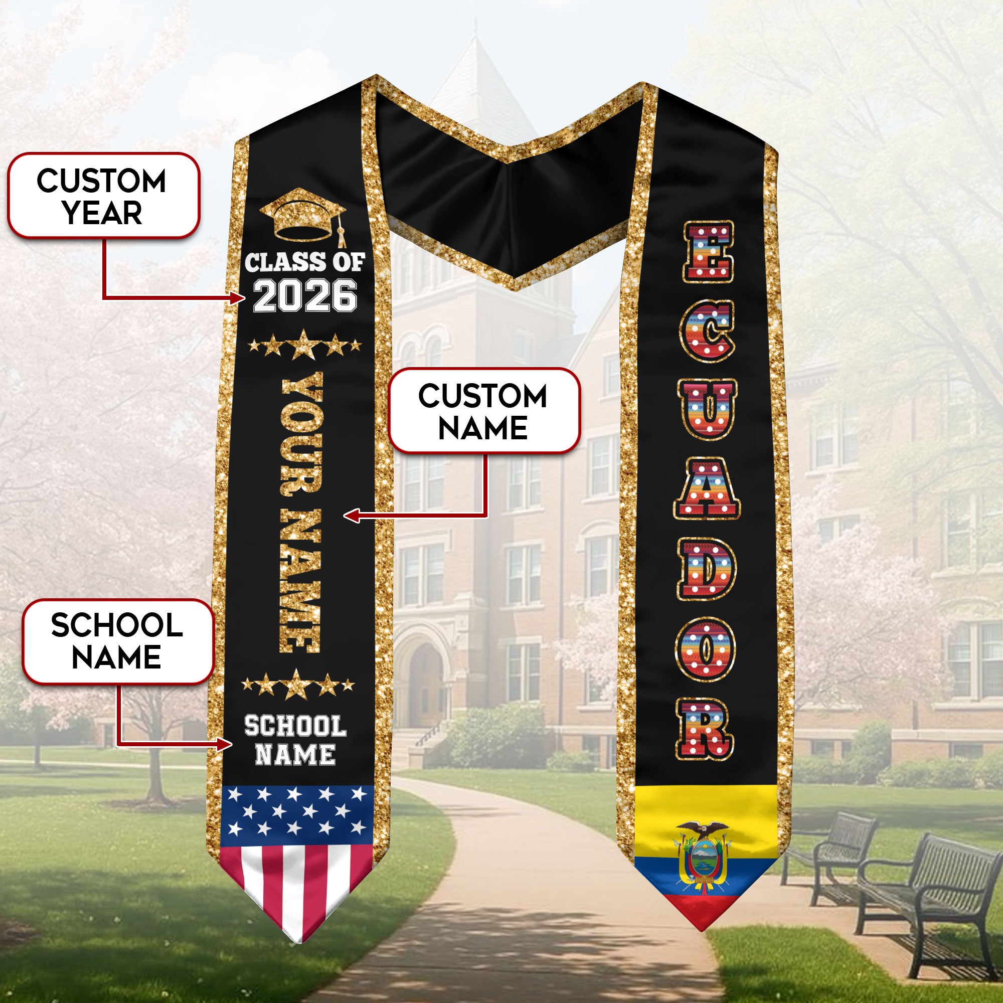 Ecuador Graduation Stole 2026, Ecuador Flag Sash, Personal Detail Option for Graduates