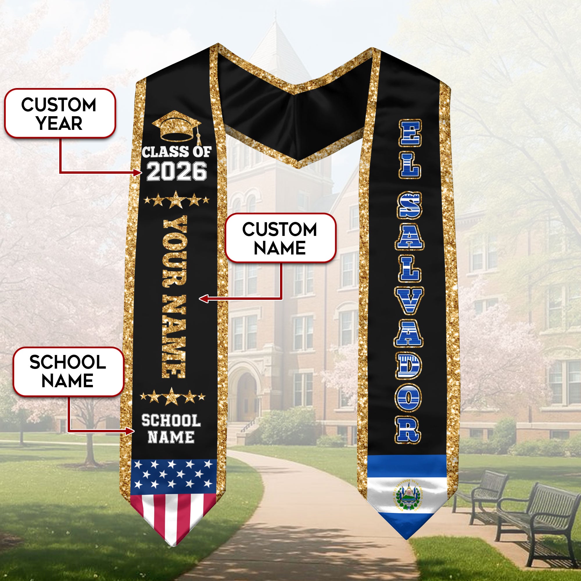 2026 ElSalvador Flag Graduation Stole, ElSalvador Sash, Personal Detail Option for Grads