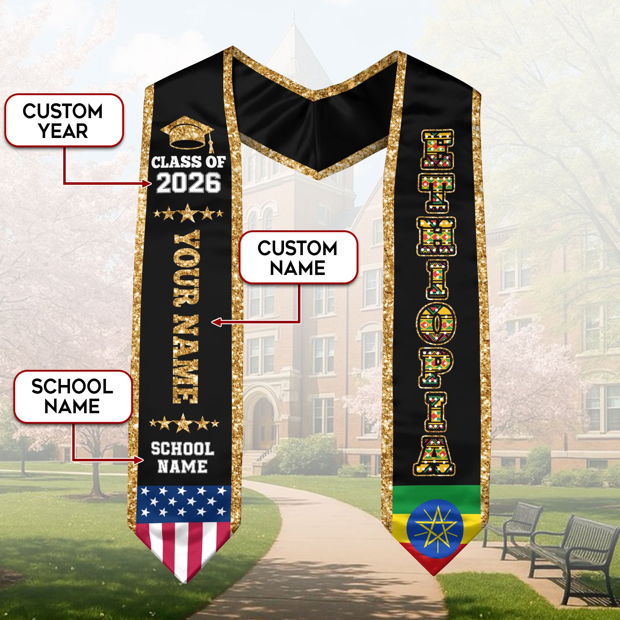 Ethiopia Graduation Stole 2026, Ethiopia Flag Sash, Personal Detail Option for Graduates