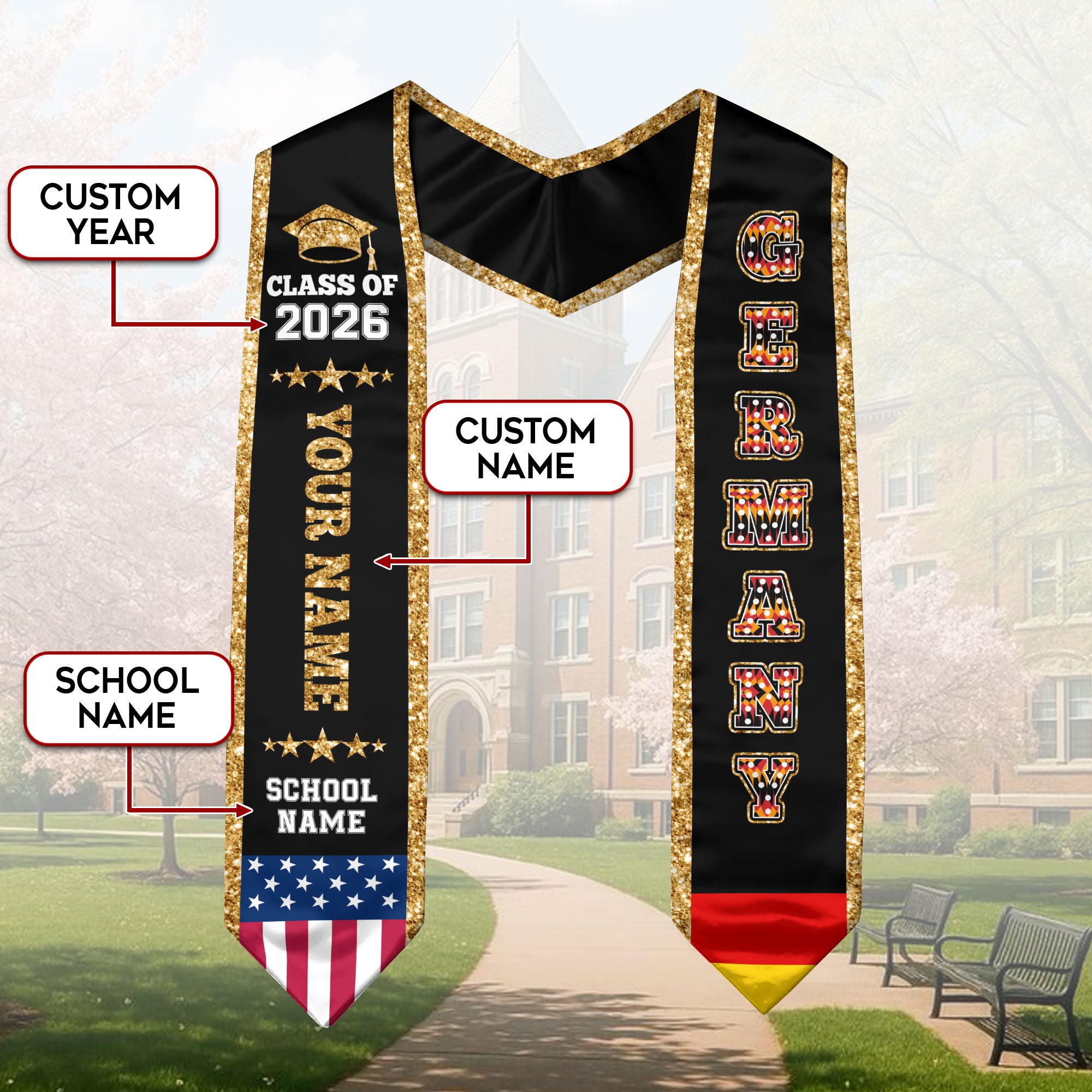 Germany Graduation Stole 2026, Germany Flag Sash, Personal Detail Option for Graduates