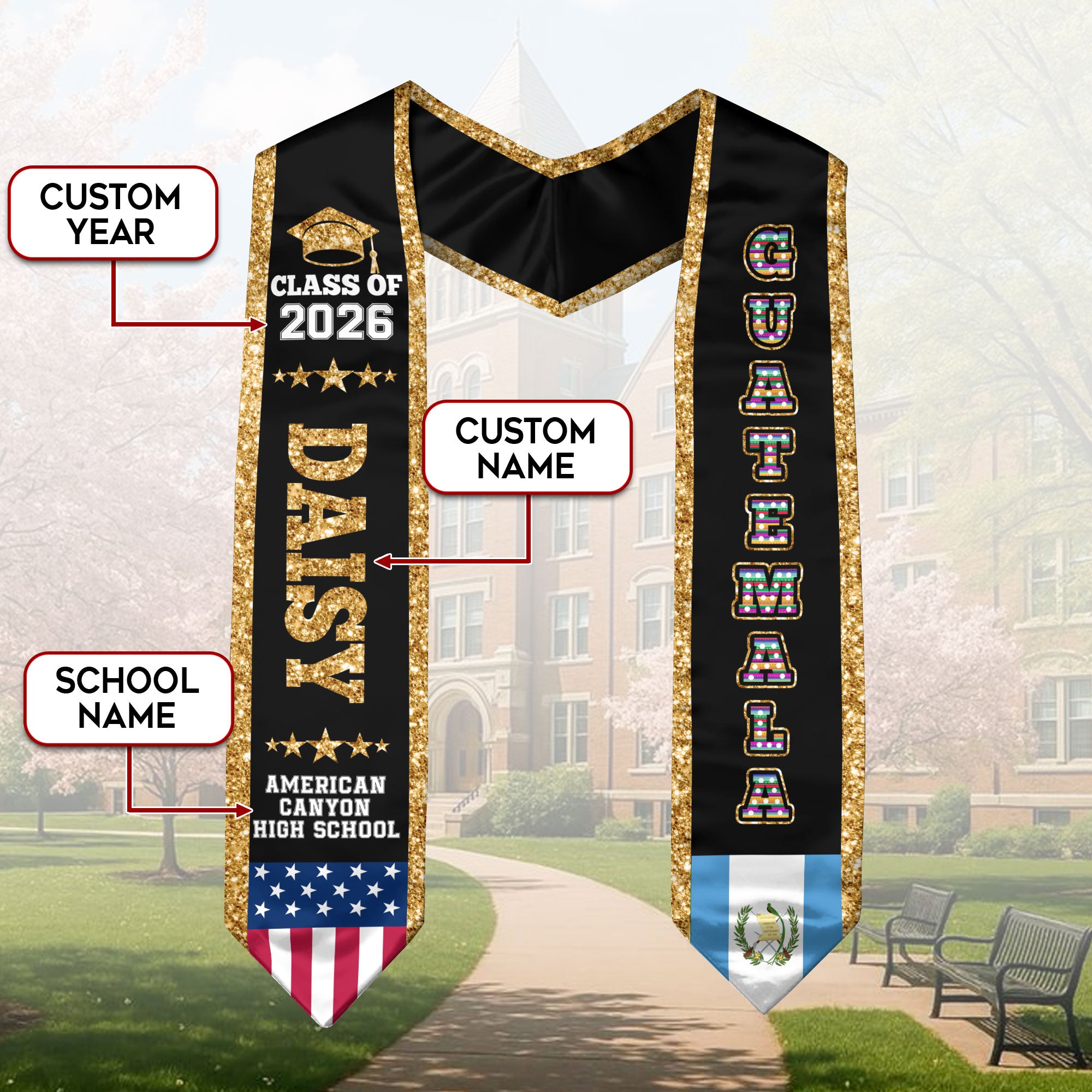 2026 Guatemala Flag Graduation Stole, Guatemala Sash, Personal Detail Option for Grads
