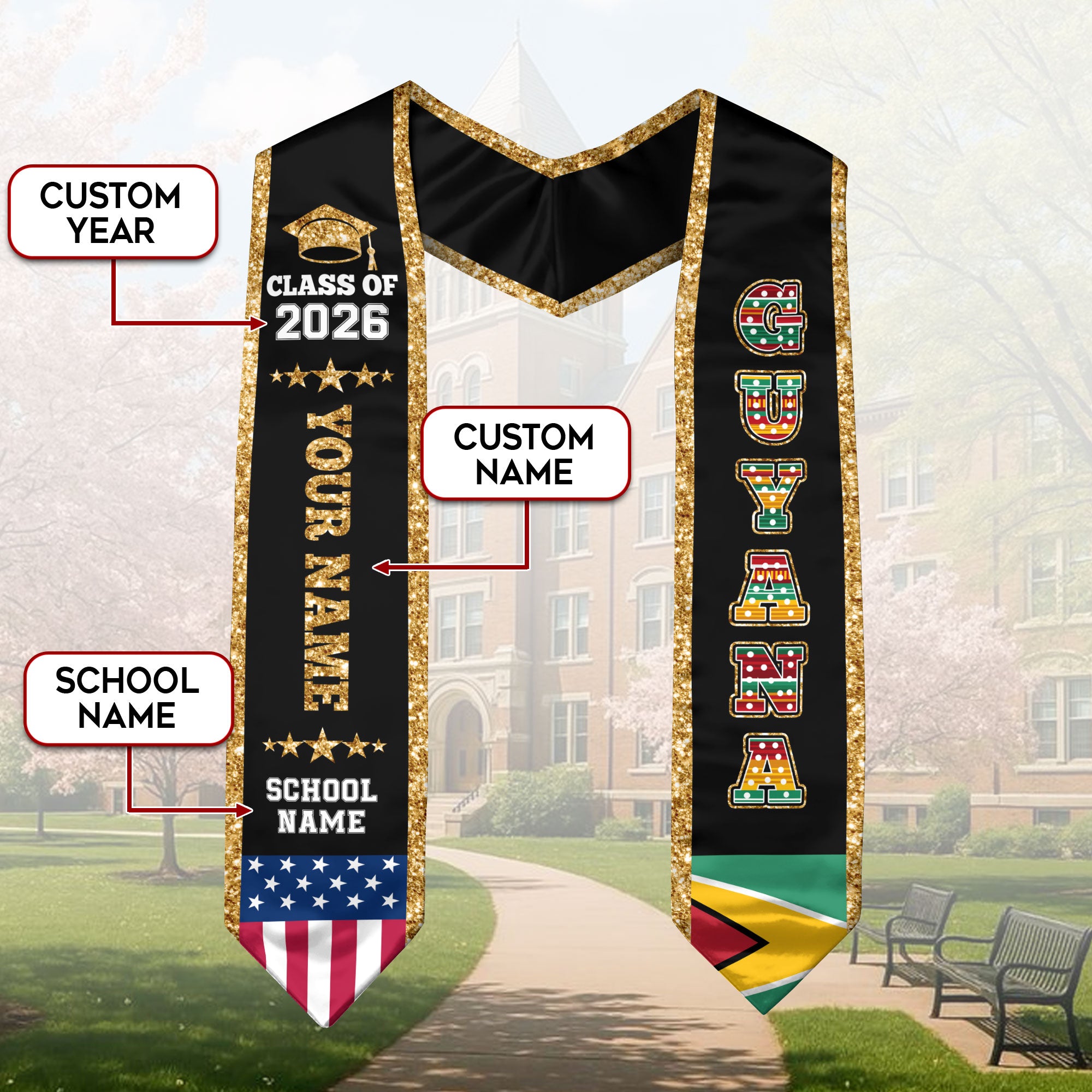 Guyana Graduation Stole 2026, Guyana Flag Sash, Personal Detail Option for Graduates