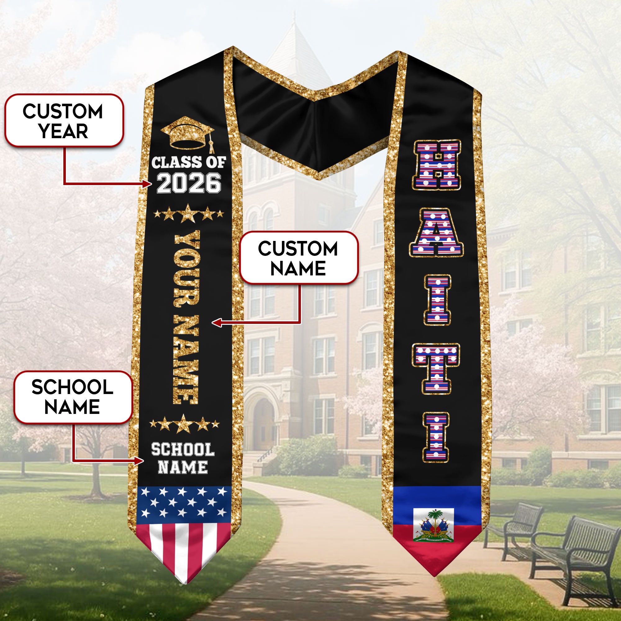 2026 Haiti Flag Graduation Stole, Haiti Sash, Personal Detail Option for Grads Ceremony