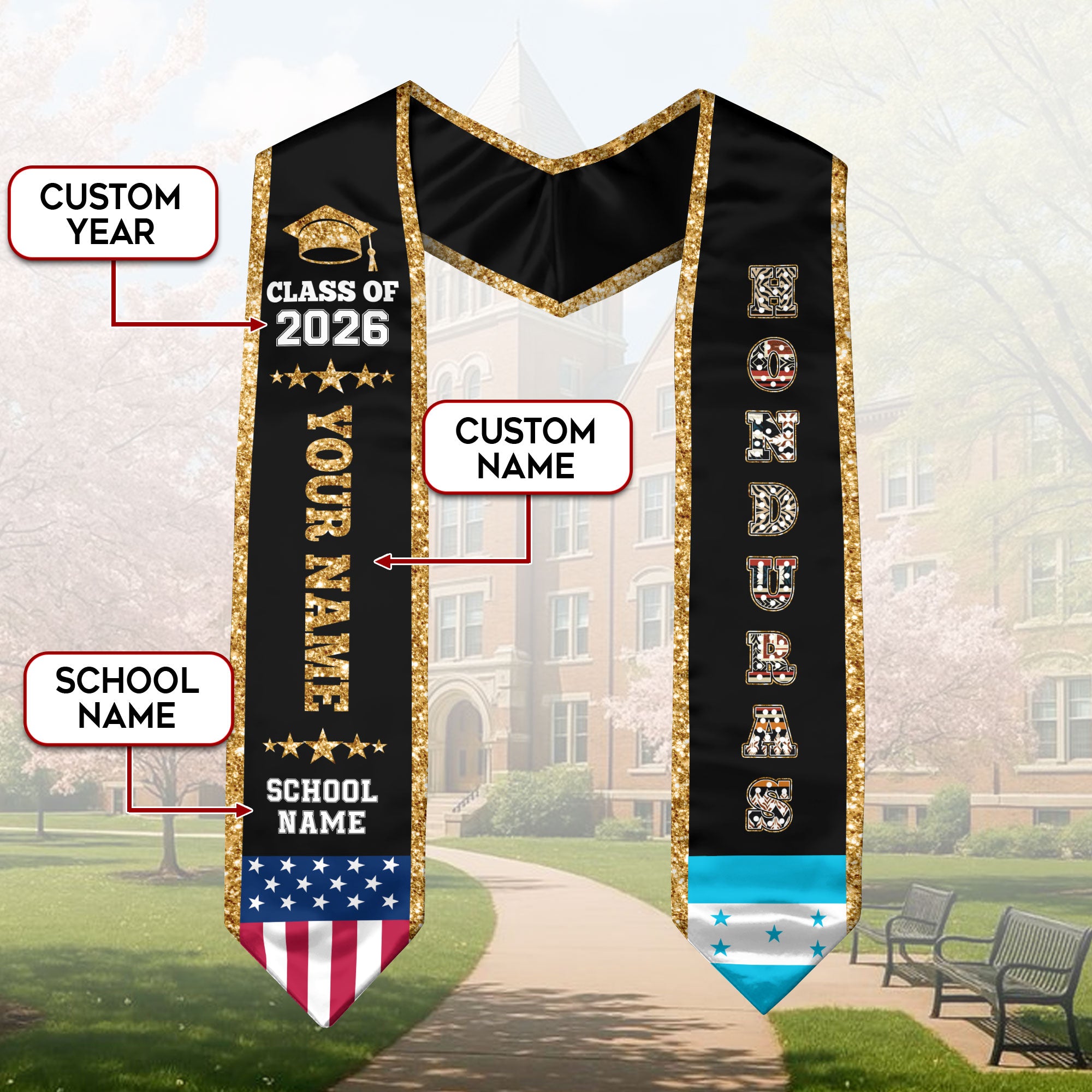 2026 Honduras Flag Graduation Stole, Honduras Sash, Personal Detail Option for Grads