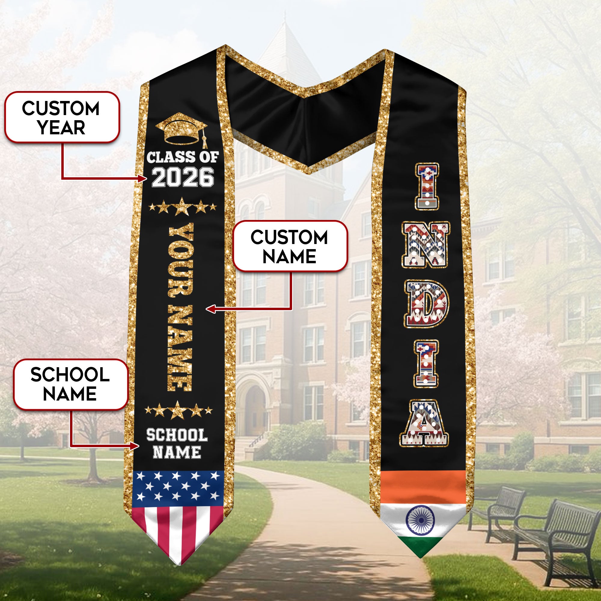India Graduation Stole 2026, India Flag Sash, Personal Detail Option for Graduates