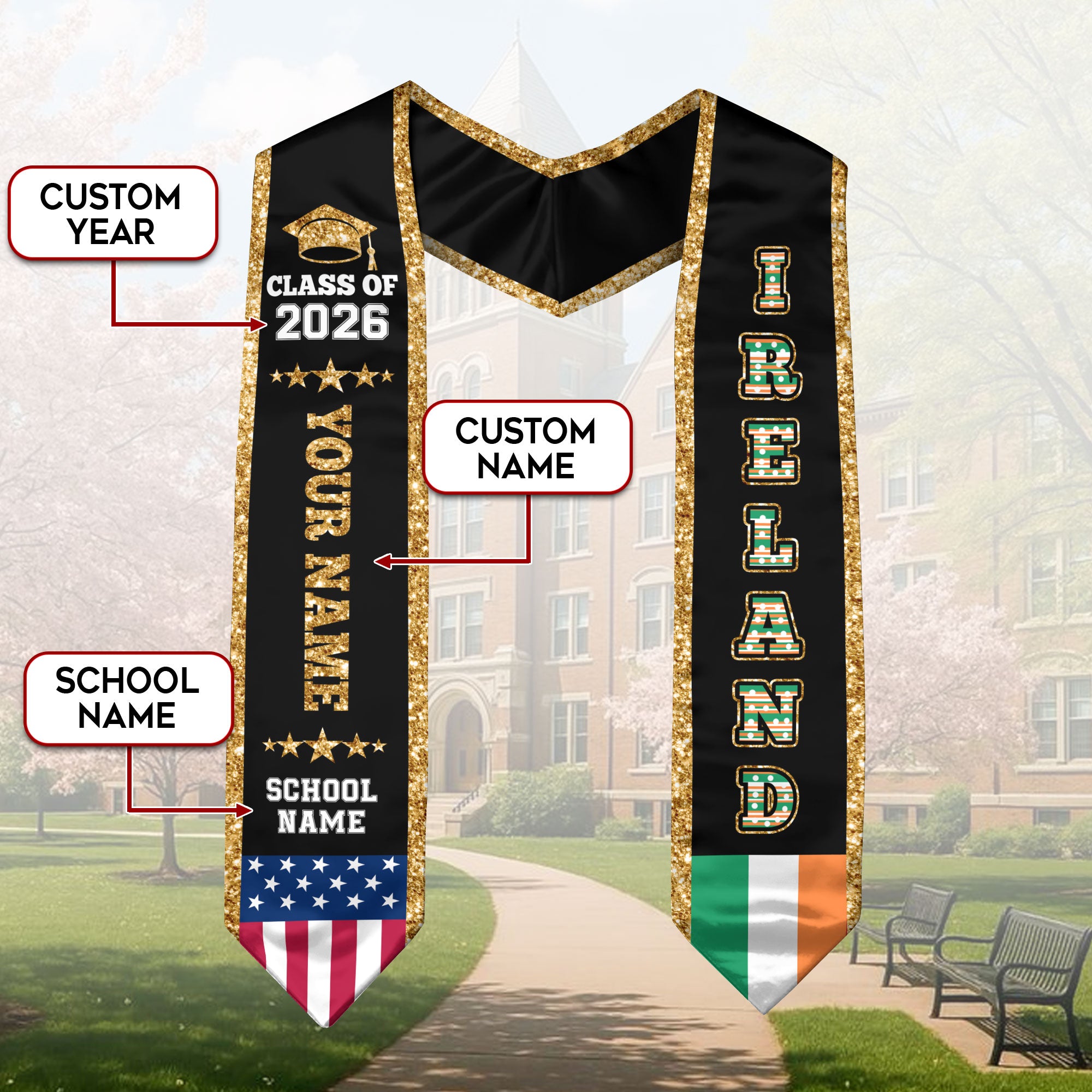 Ireland Graduation Stole 2026, Ireland Flag Sash, Personal Detail Option for Graduates