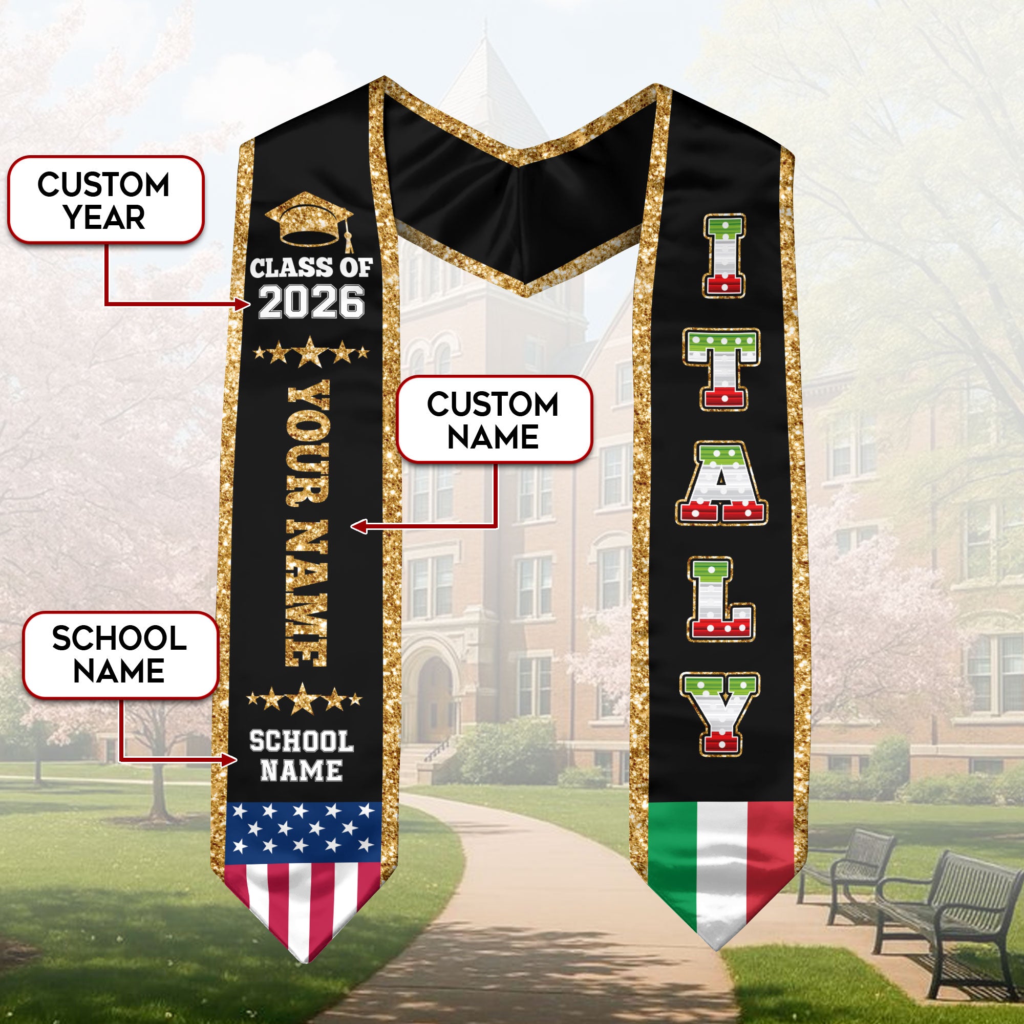 Italy Graduation Stole 2026, Italy Flag Sash, Personal Detail Option for Graduates