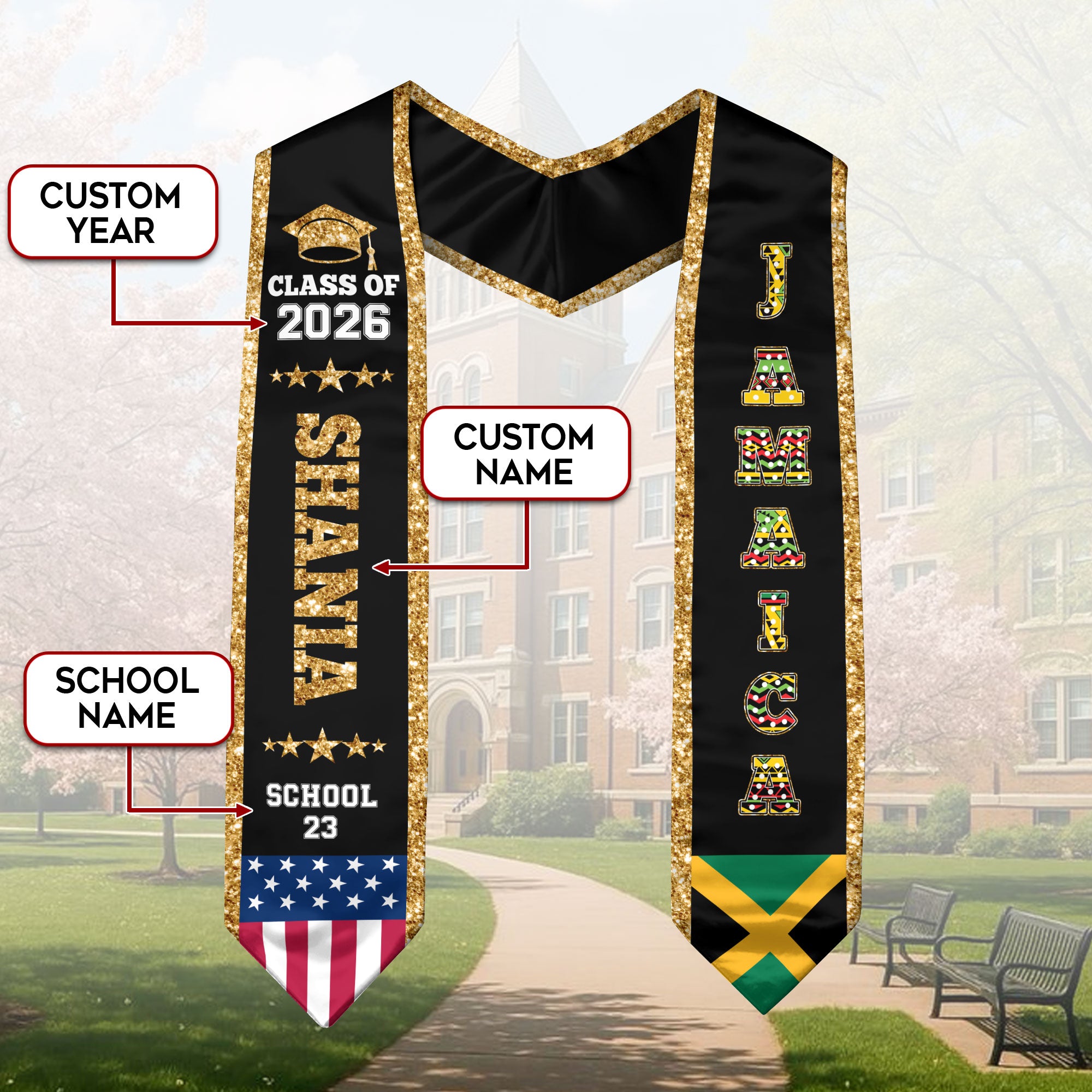 Jamaica Graduation Stole 2026, Jamaica Flag Sash, Personal Detail Option for Graduates