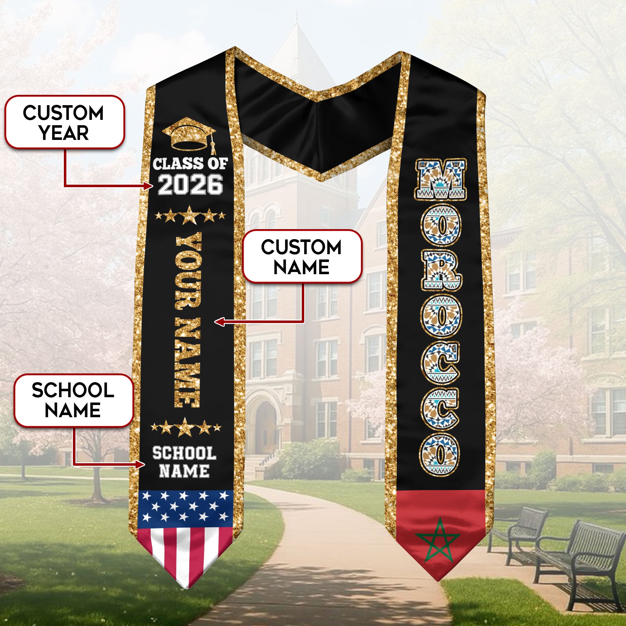 Morocco Graduation Stole 2026, Morocco Flag Sash, Personal Detail Option for Graduates