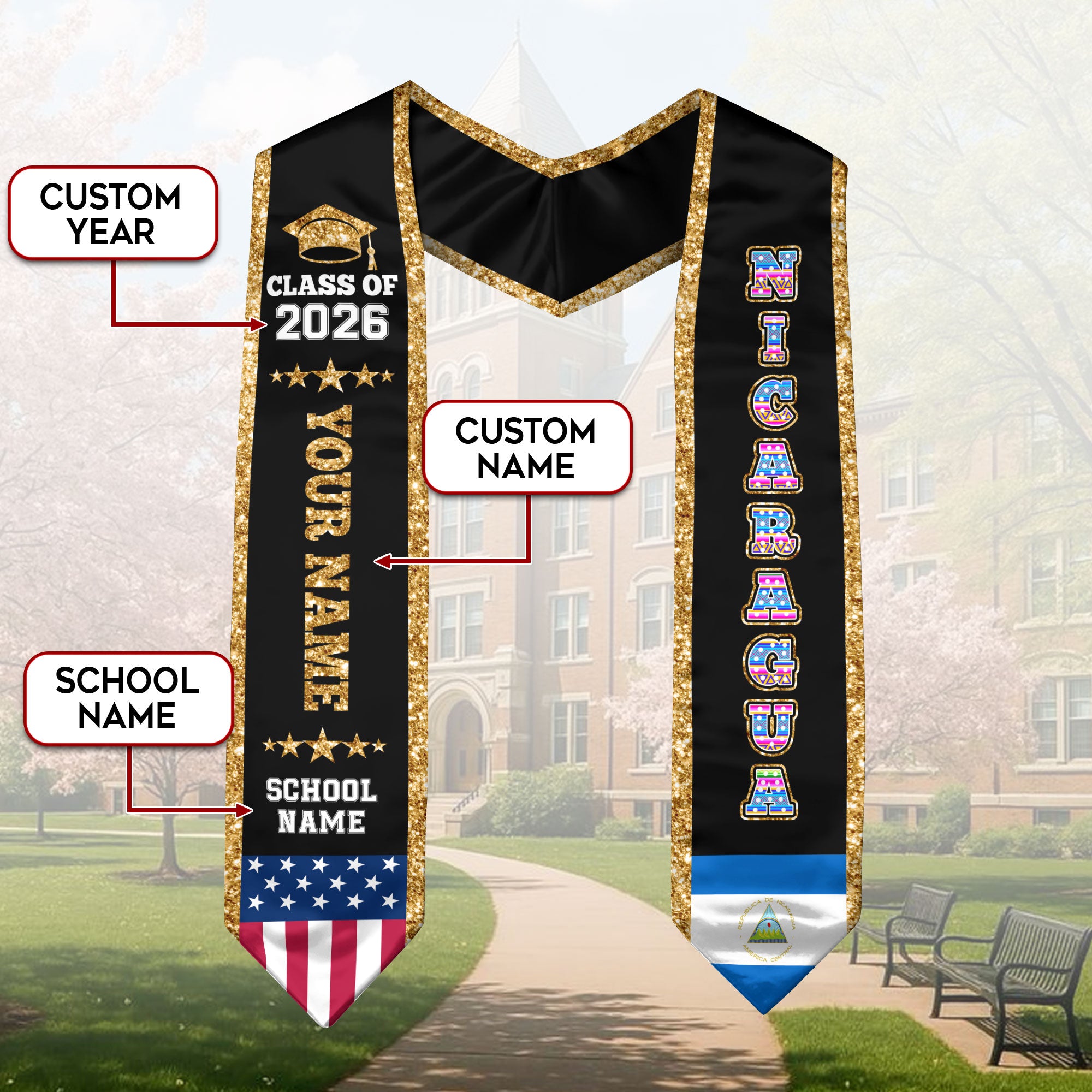 Nicaragua Graduation Stole 2026, Nicaragua Flag Sash, Personal Detail Option for Graduates