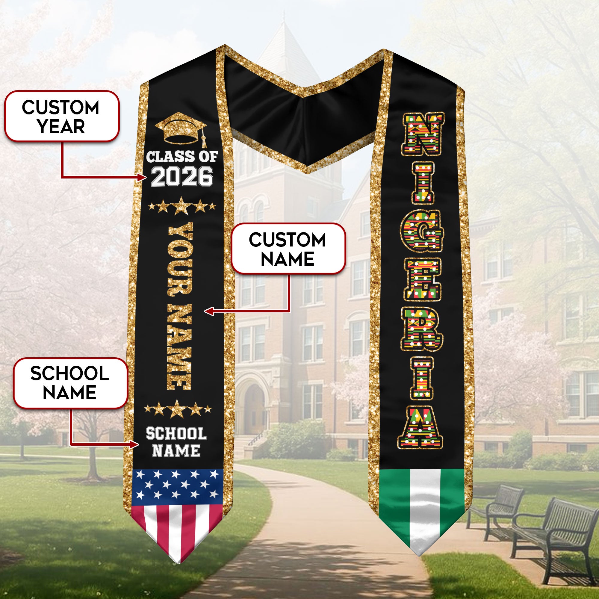 Nigeria Graduation Stole 2026, Nigeria Flag Sash, Personal Detail Option for Graduates