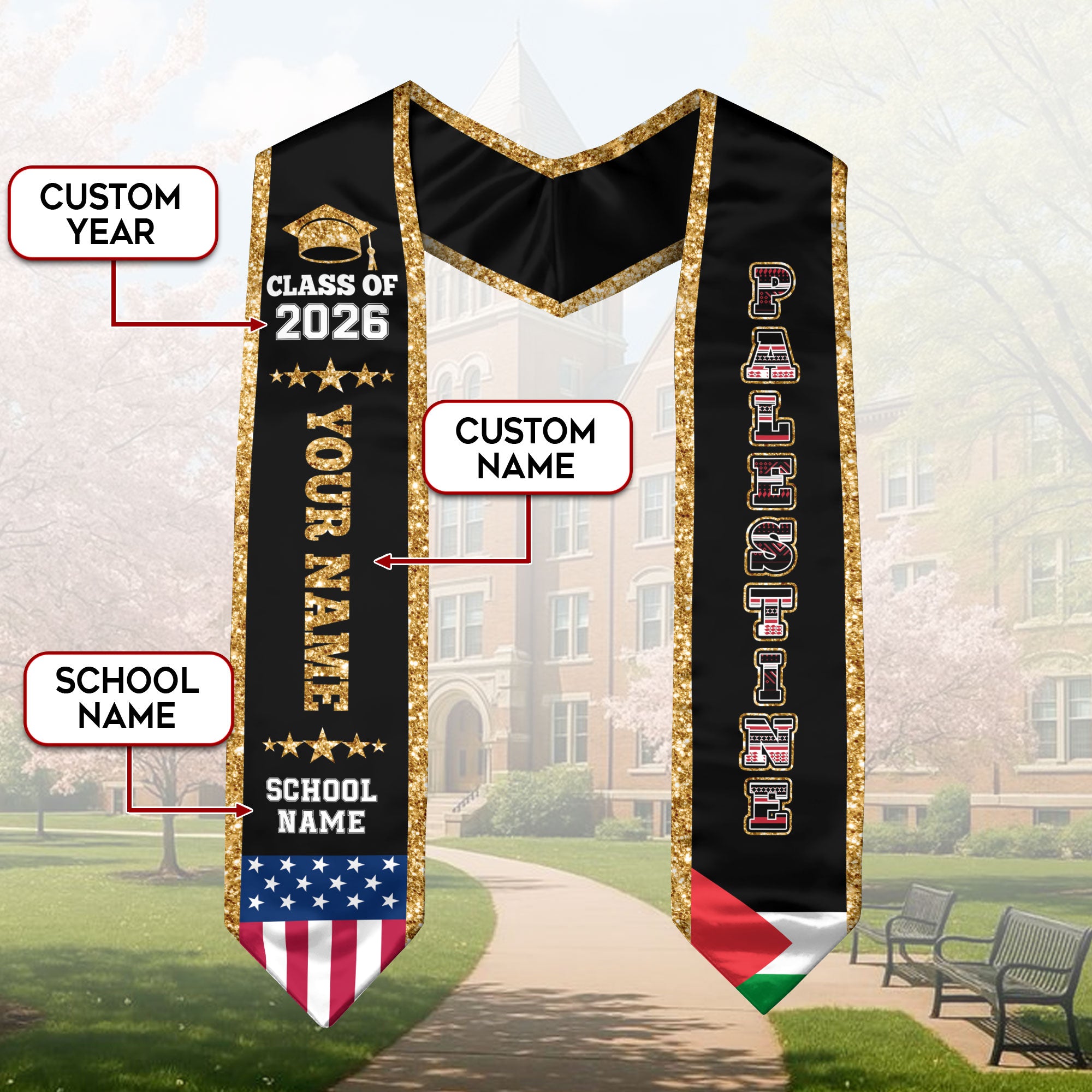 Palestine Graduation Stole 2026, Palestine Flag Sash, Personal Detail Option for Graduates