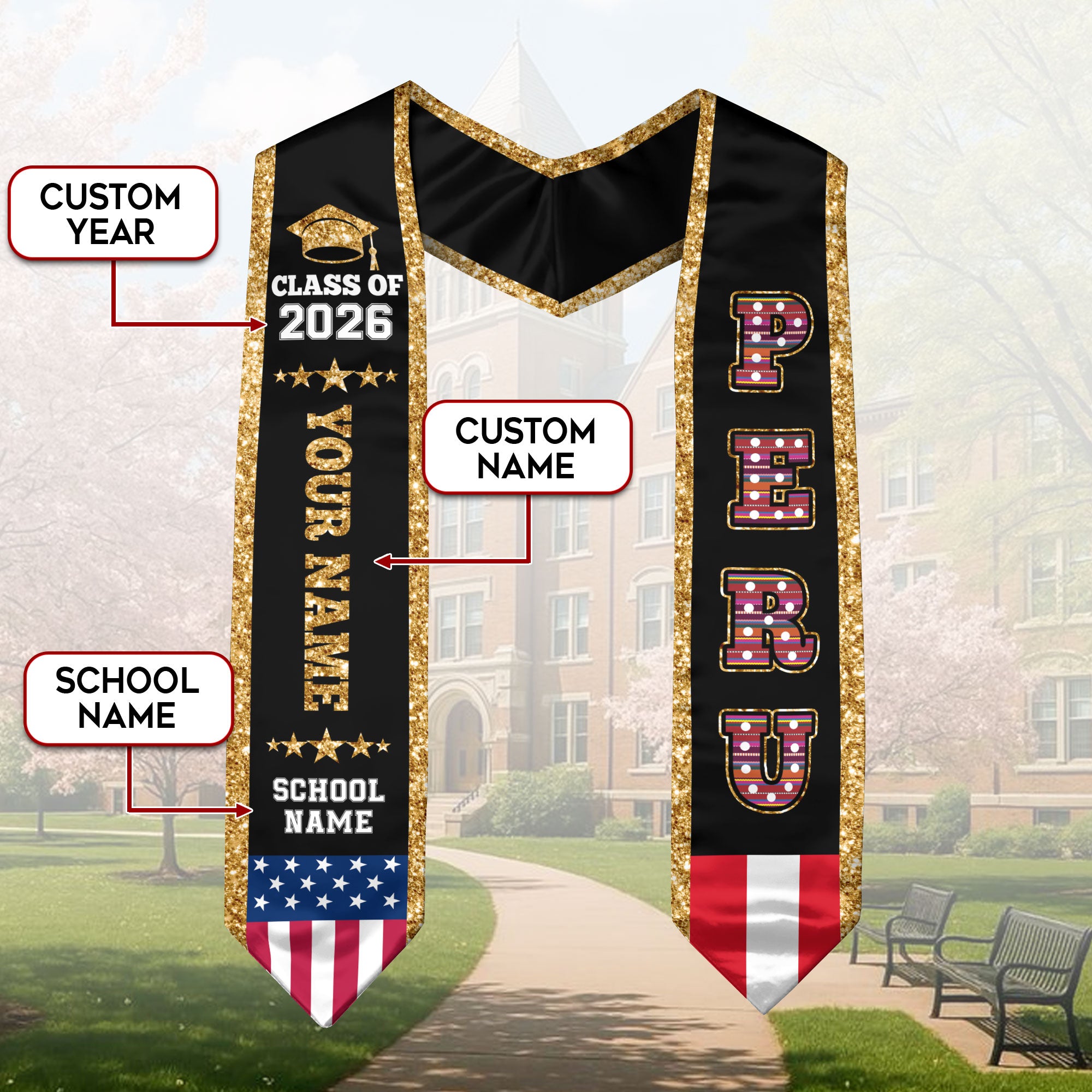 2026 Peru Flag Graduation Stole, Peru Sash, Personal Detail Option for Grads Ceremony