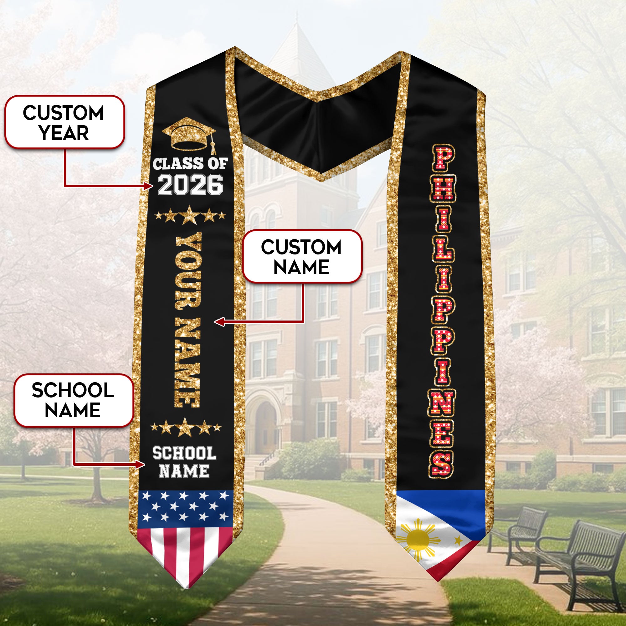 Philippines Graduation Stole 2026, Flag Sash, Personal Detail Option for Grads Ceremony
