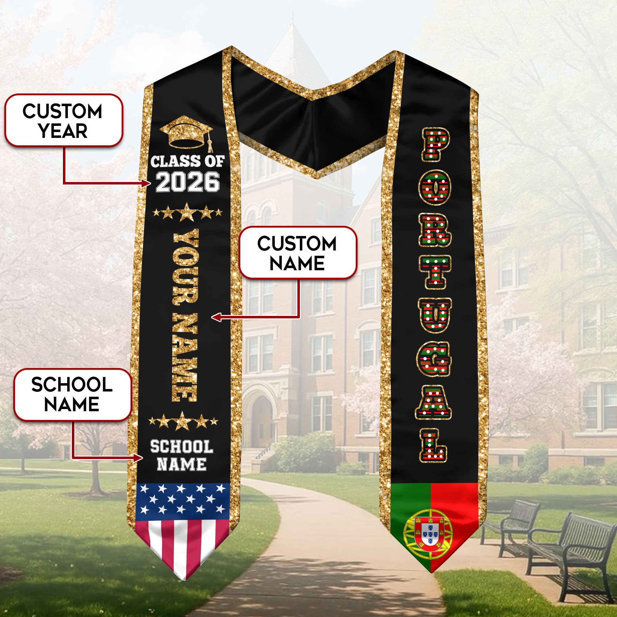 Portugal Graduation Stole 2026, Portugal Flag Sash, Personal Detail Option for Graduates