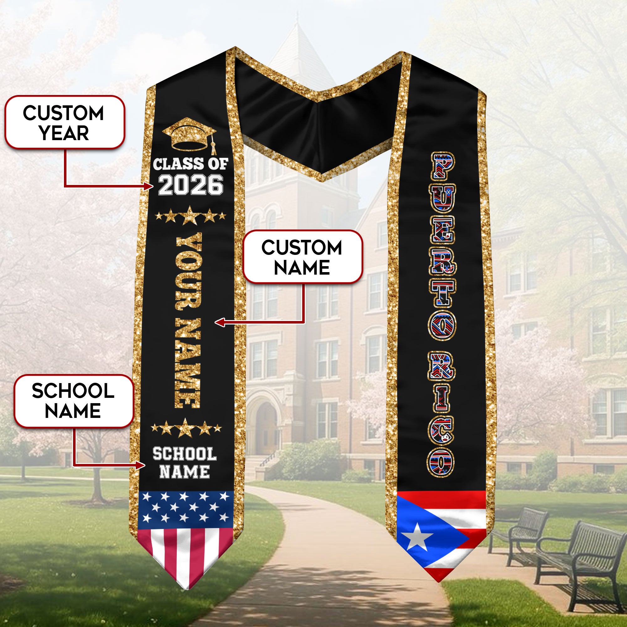 2026 PuertoRico Flag Graduation Stole, PuertoRico Sash, Personal Detail Option for Grads