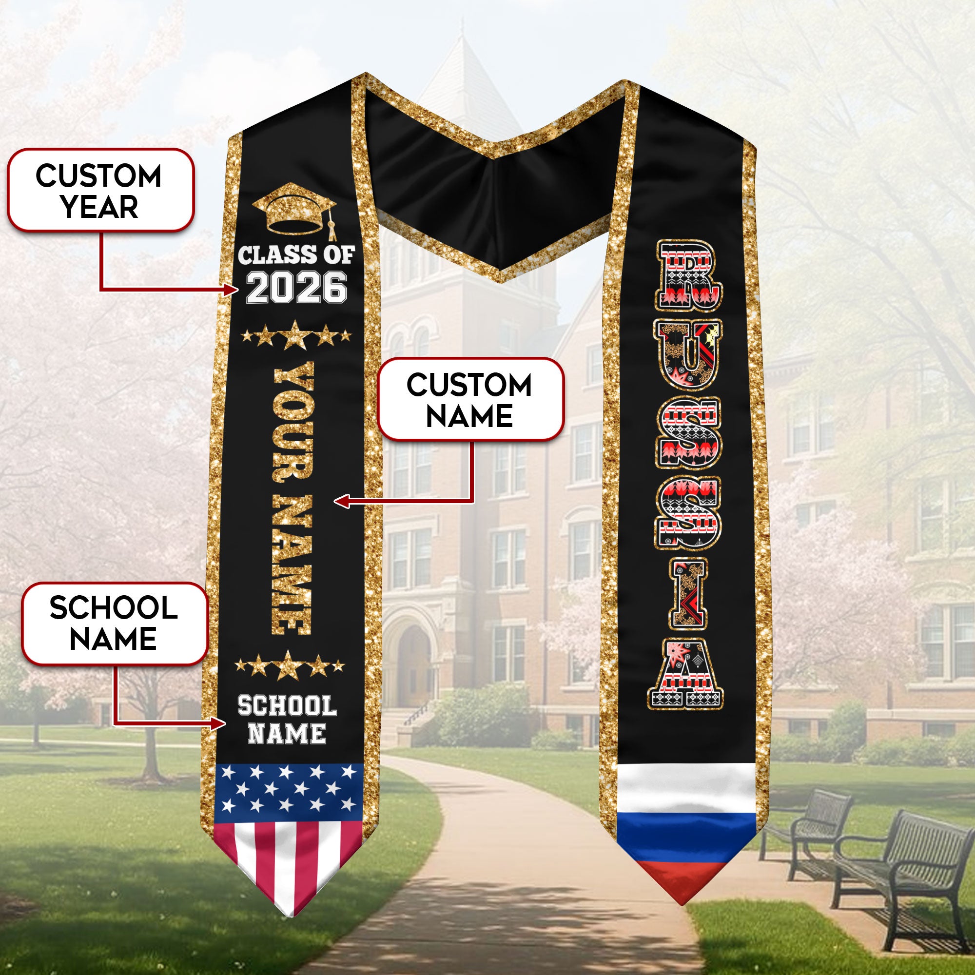 Russia Graduation Stole 2026, Russia Flag Sash, Personal Detail Option for Graduates