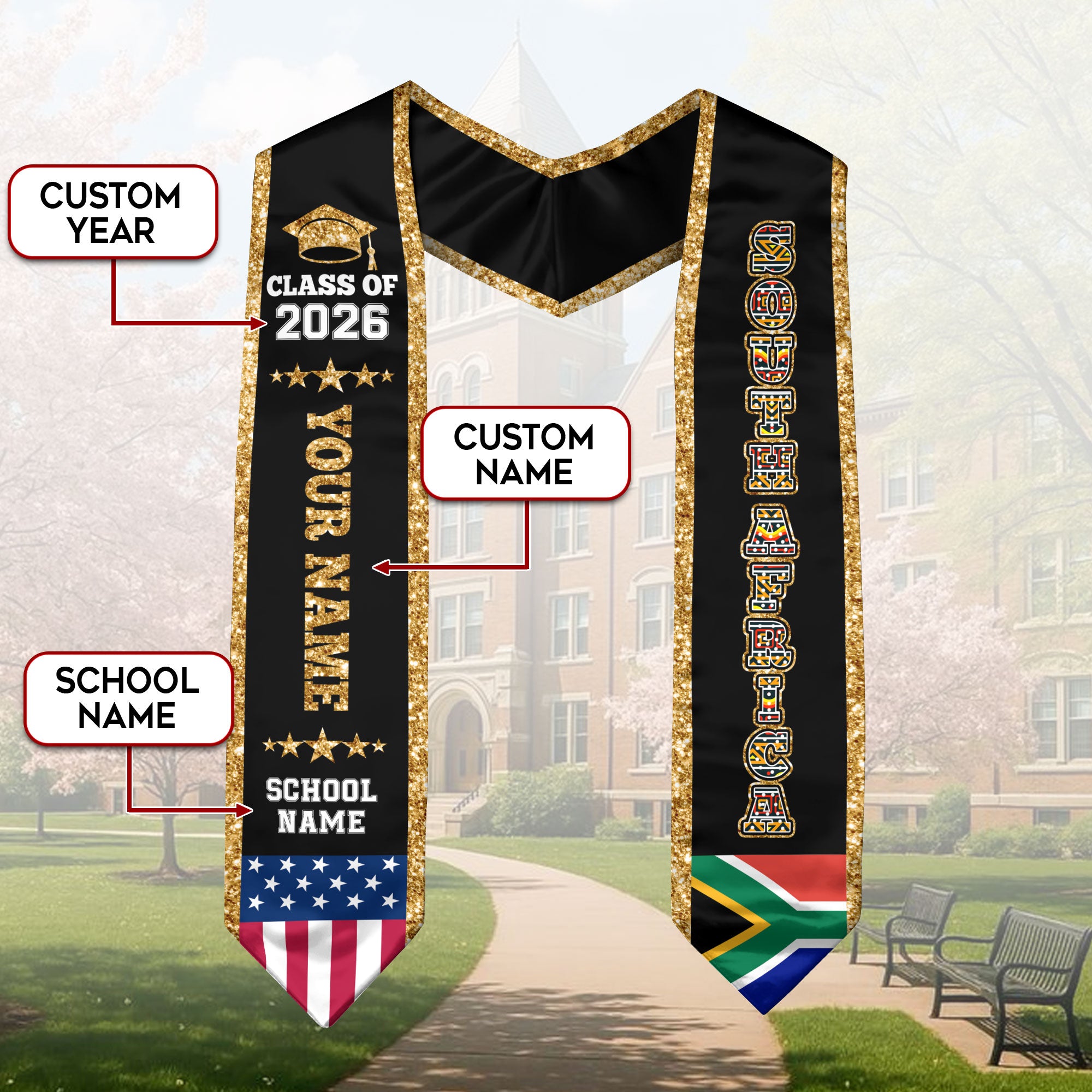 SouthAfrica Graduation Stole 2026, Flag Sash, Personal Detail Option for Grads Ceremony