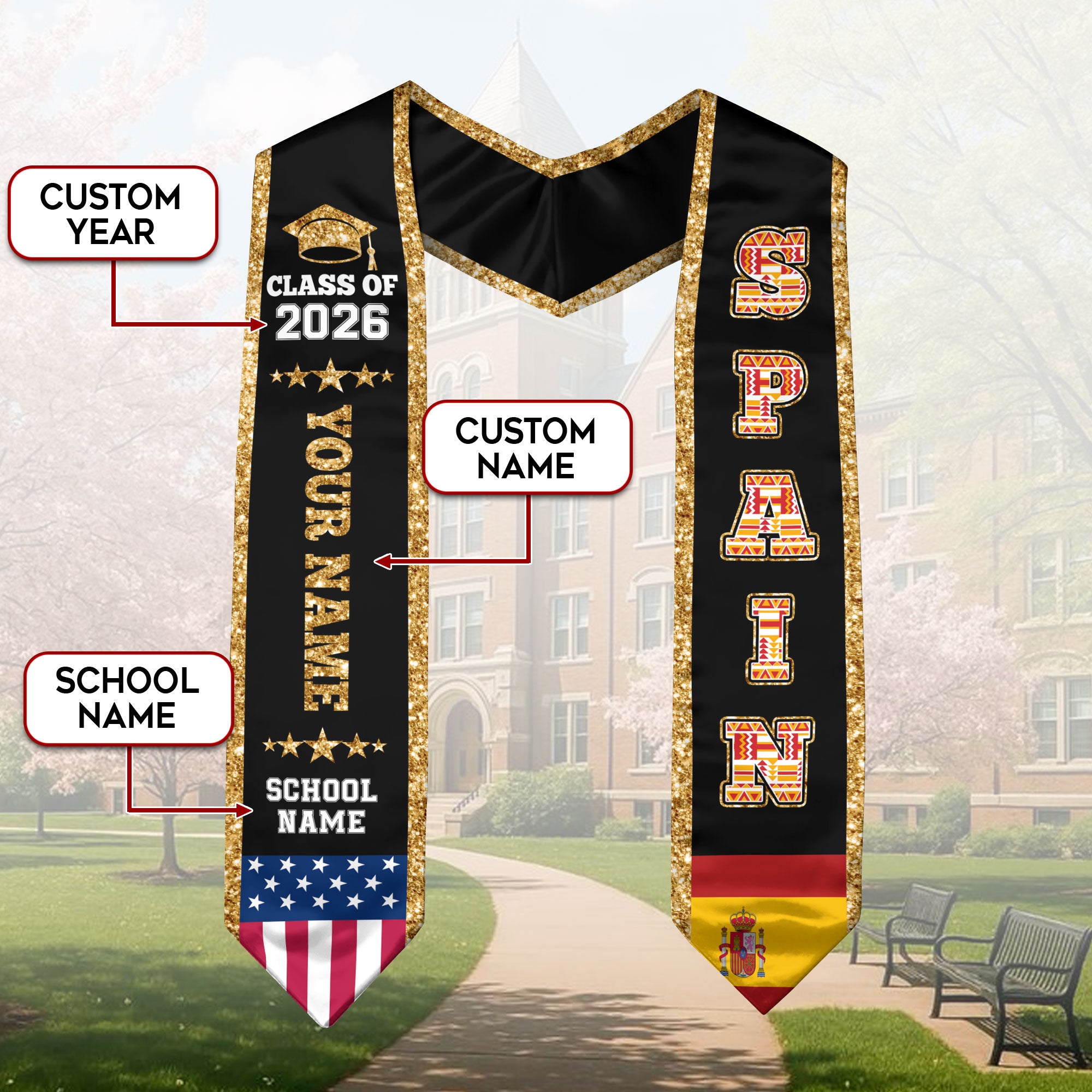 Spain Graduation Stole 2026, Spain Flag Sash, Personal Detail Option for Graduates