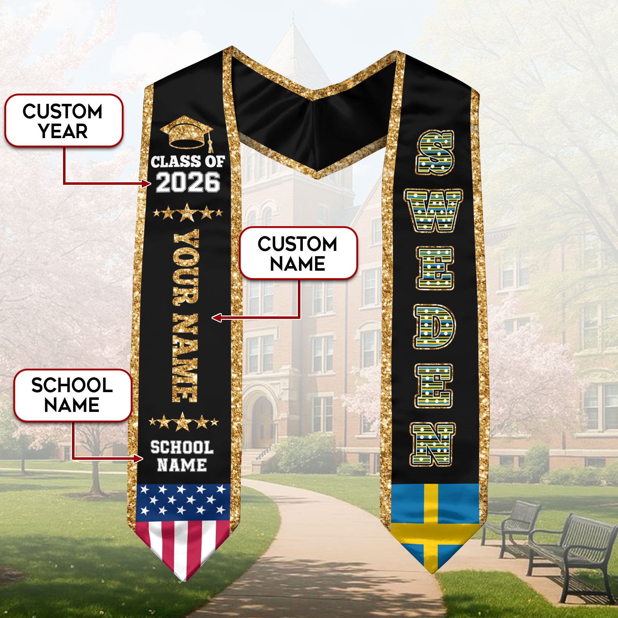 Sweden Graduation Stole 2026, Sweden Flag Sash, Personal Detail Option for Graduates