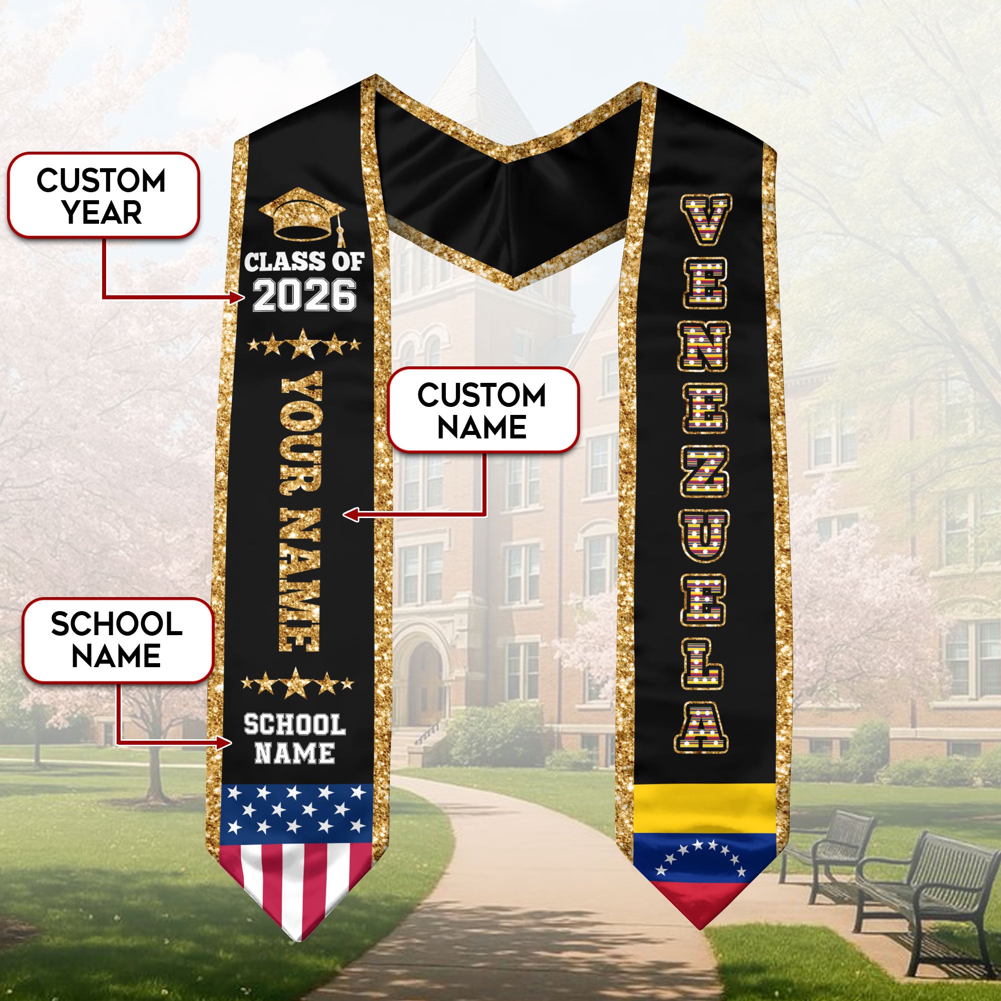 Venezuela Graduation Stole 2026, Venezuela Flag Sash, Personal Detail Option for Graduates
