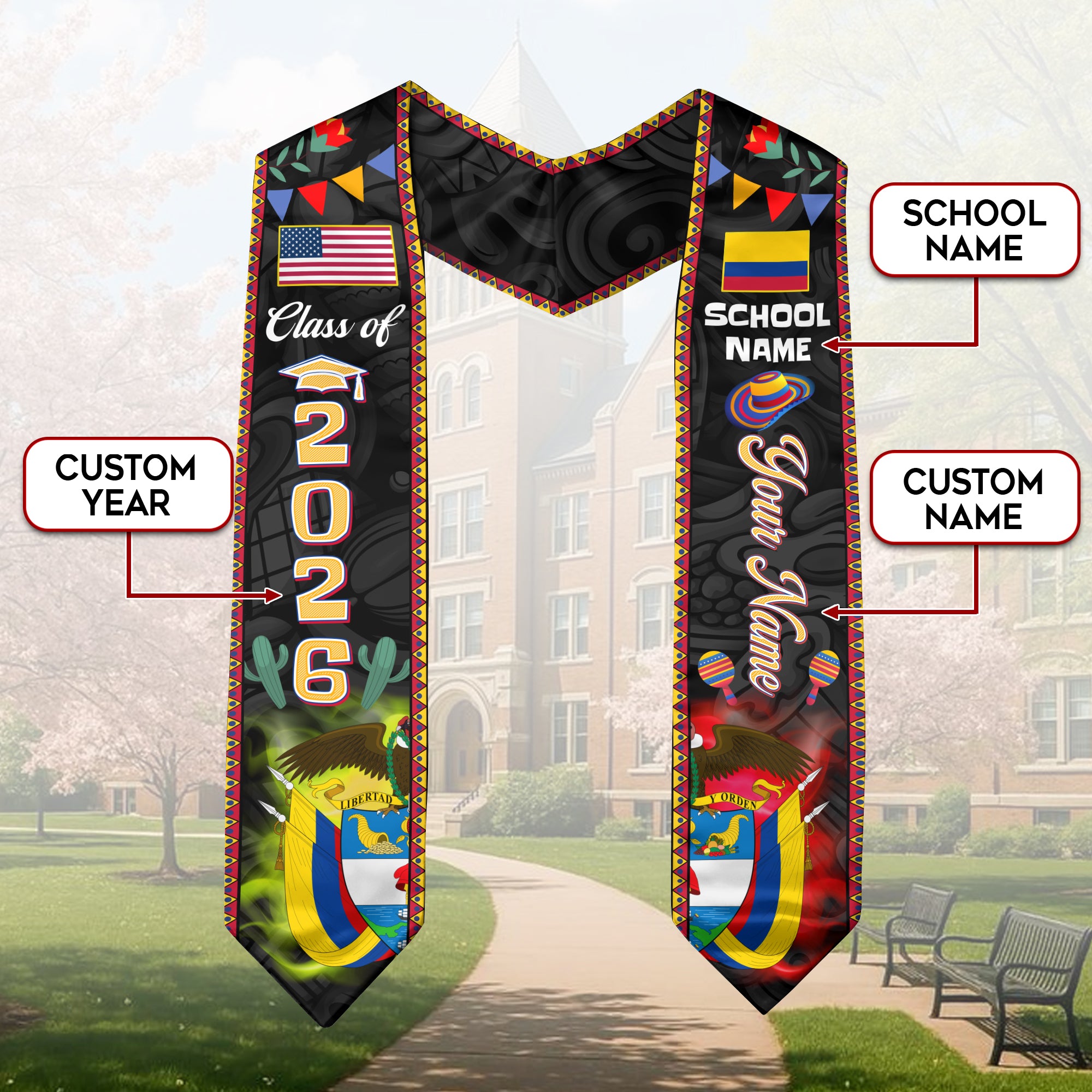 Colombia Graduation Stole 2026, Colombian Flag Graduation Sash, Custom Details Grad Stole
