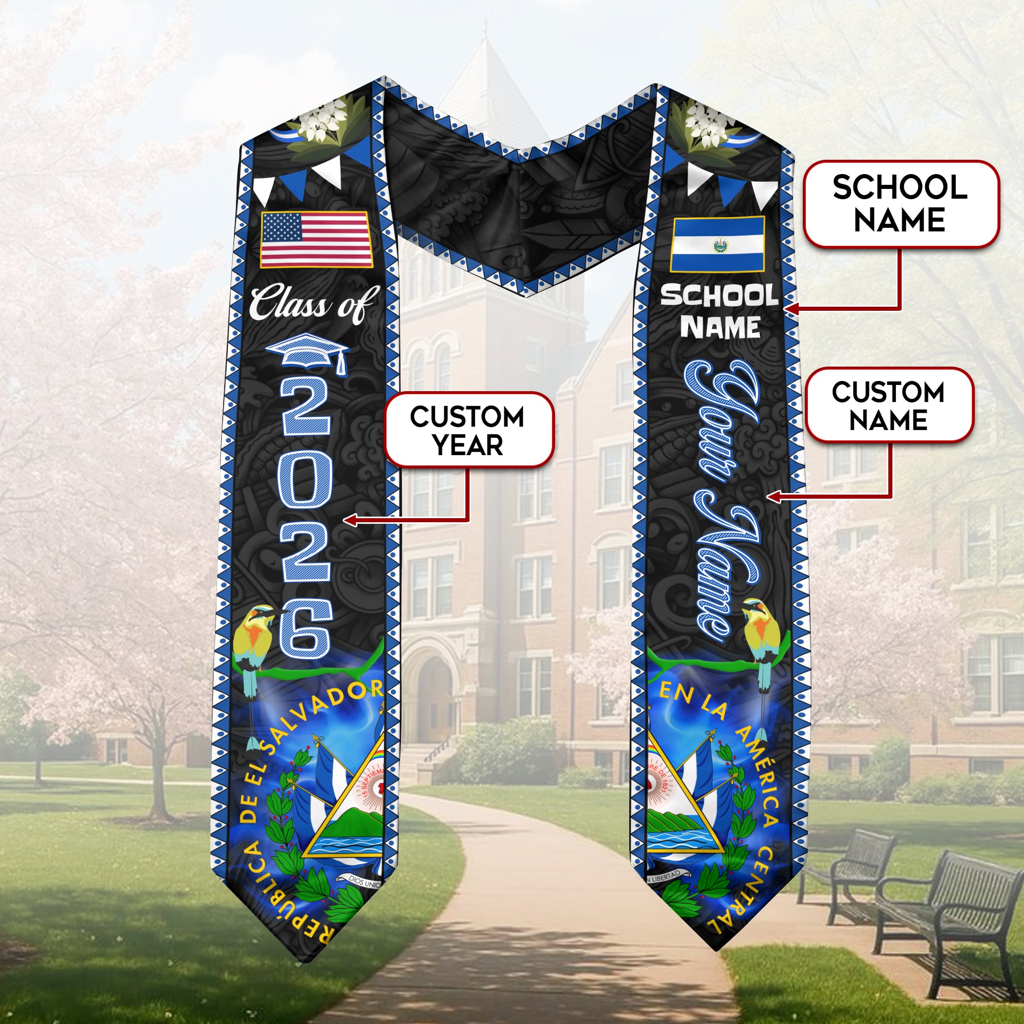 Customized El Salvador Graduation Stole, Salvadoran Flag Stole, Custom Graduation Sash 2026, Class of 2026