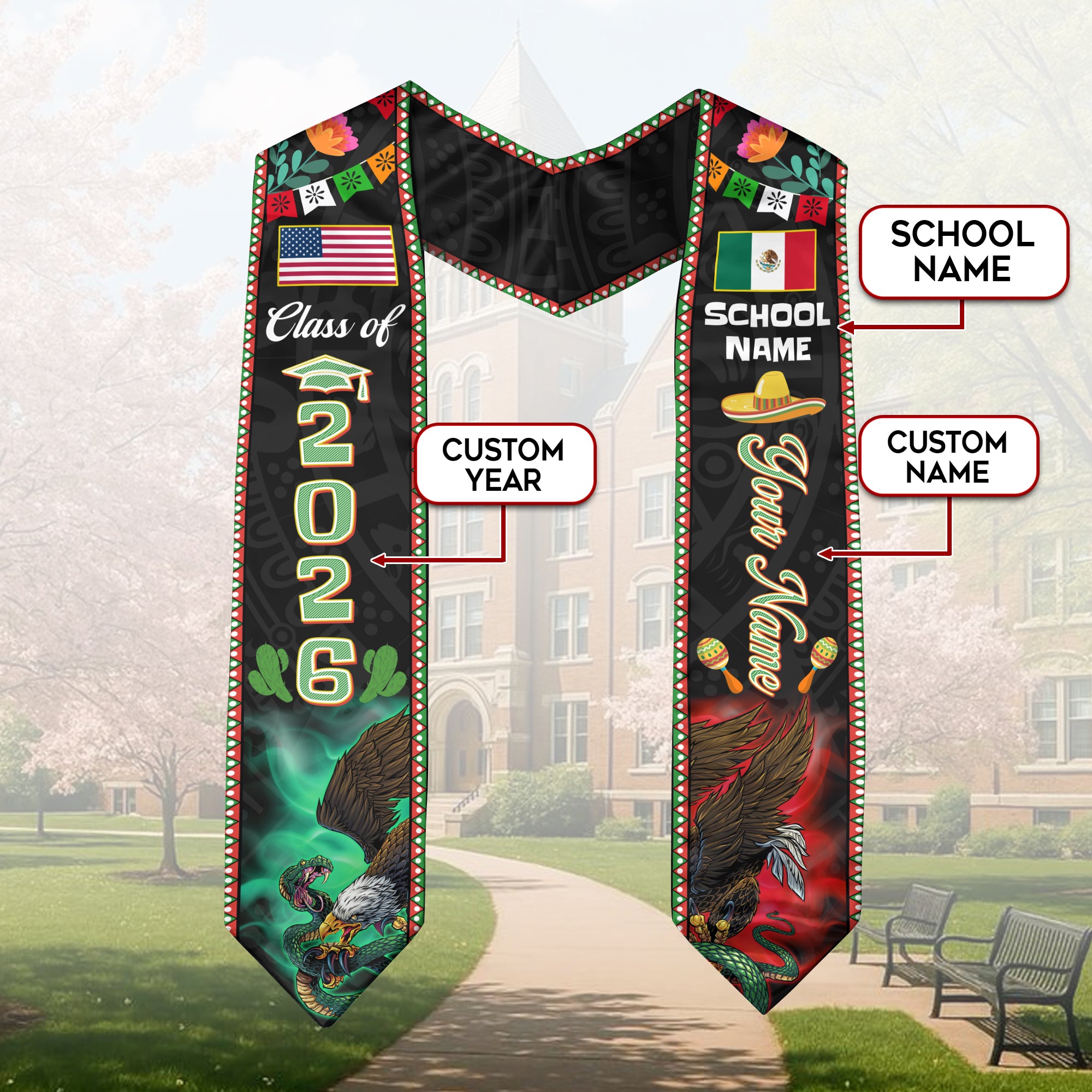 Mexico Graduation Stole 2026, Mexican Flag Sash, Add Name & Year Detail Option for Grads