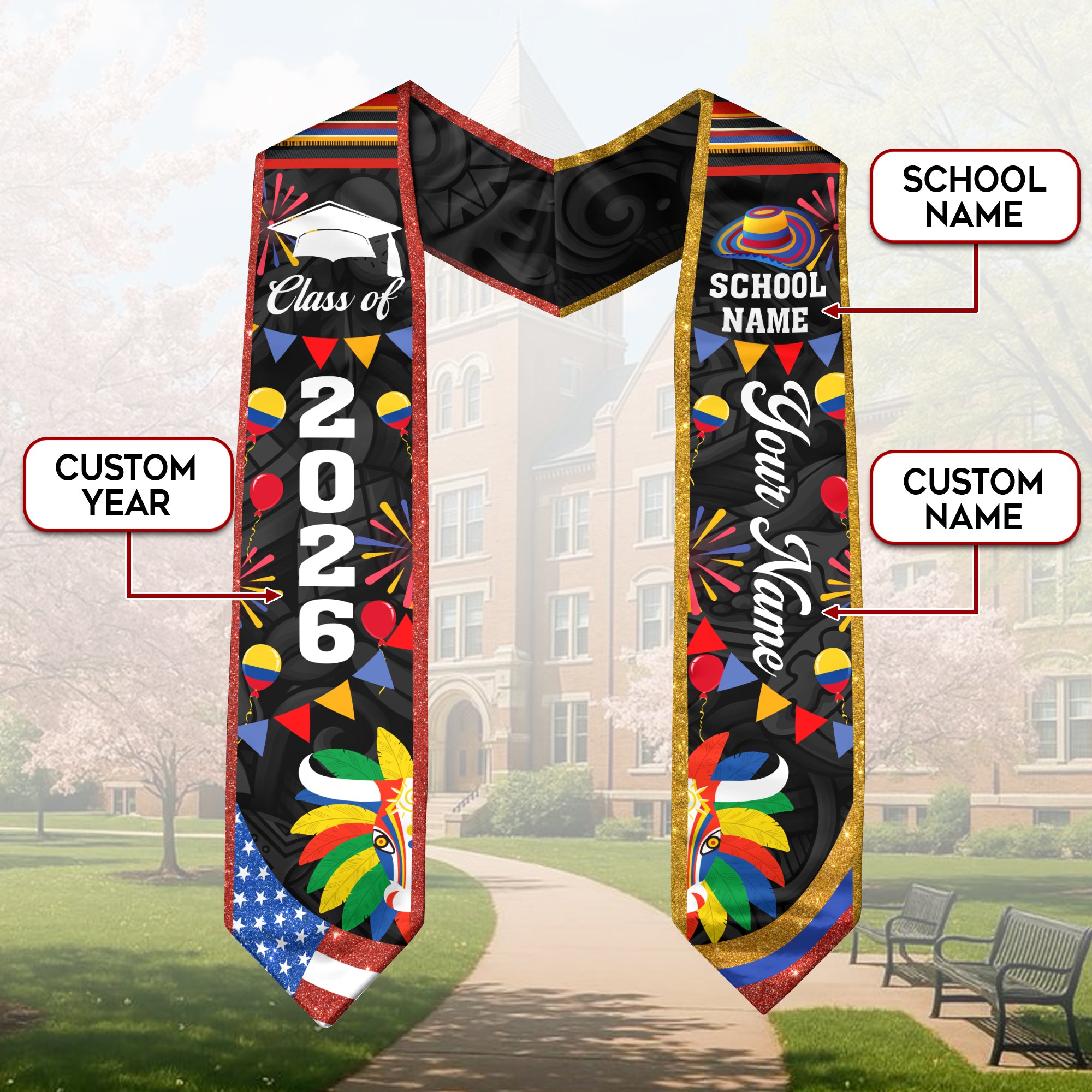 Colombian Flag Graduation Sash 2026, Colombia Graduation Stole, Custom Finish for 2026