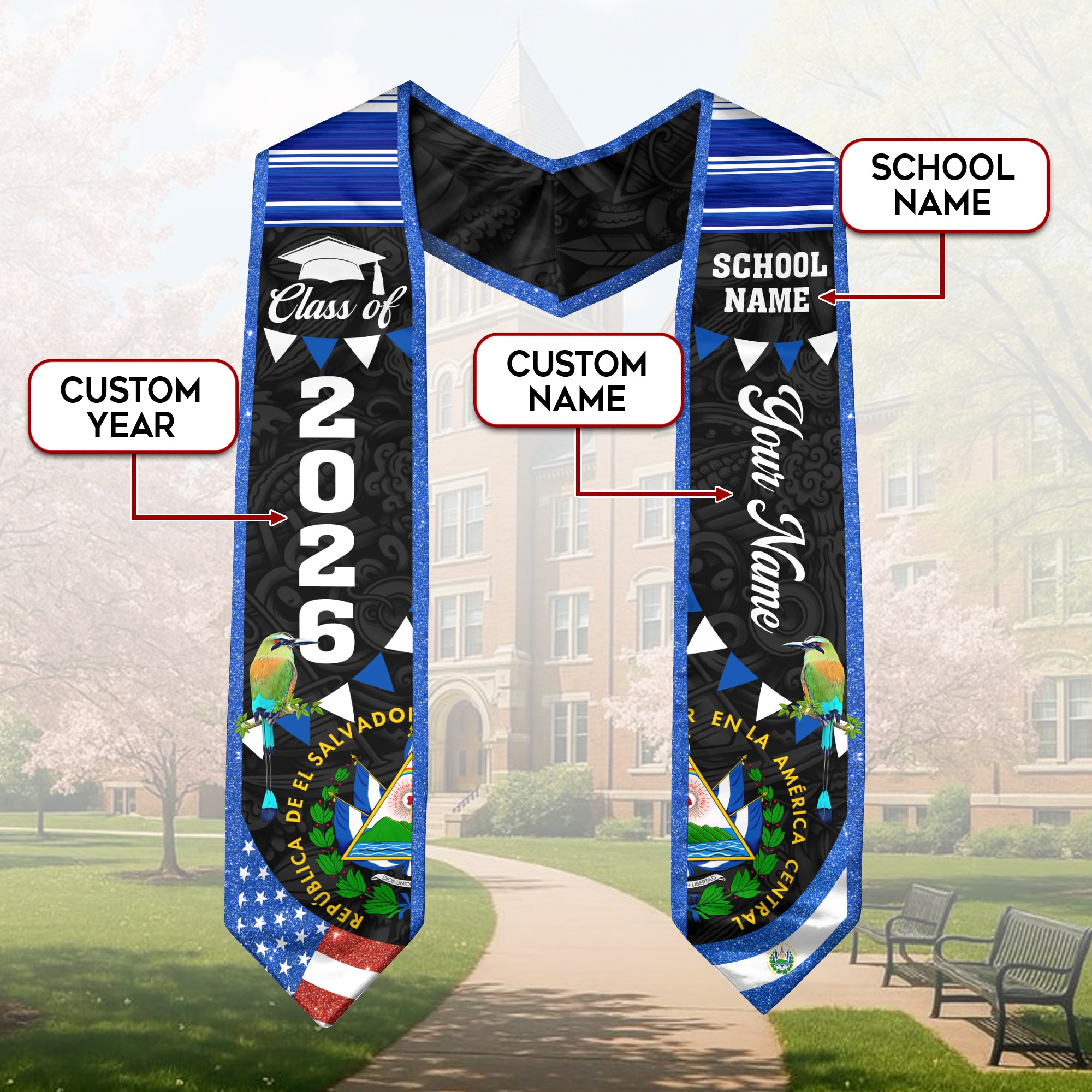 Customized El Salvador Graduation Sash, El Salvador Flag Graduation Stole, Personalized Graduation Stole 2026