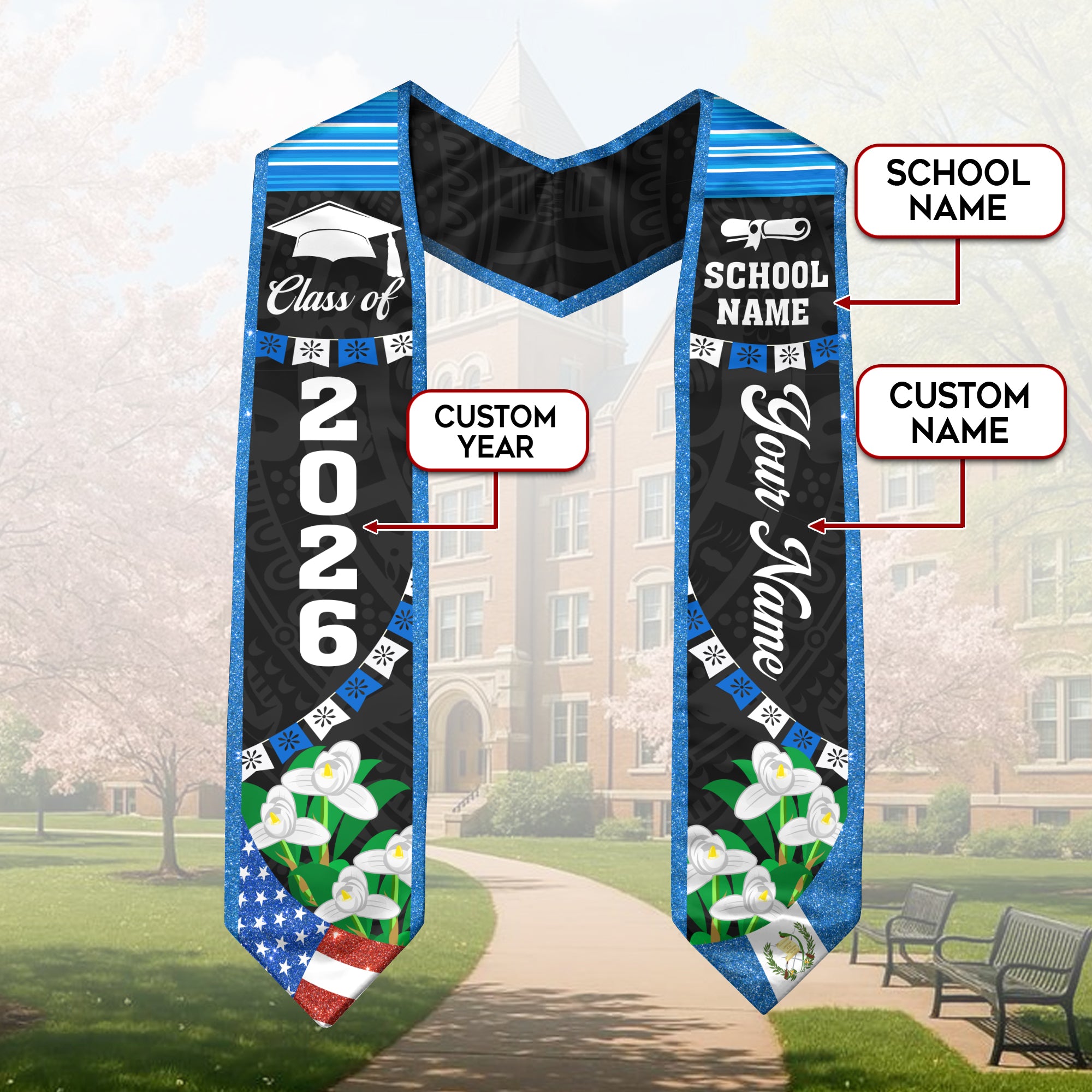 Customized Guatemala Graduation Sash, Guatemala Flag Graduation Stole, Personalized Graduation Stole 2026