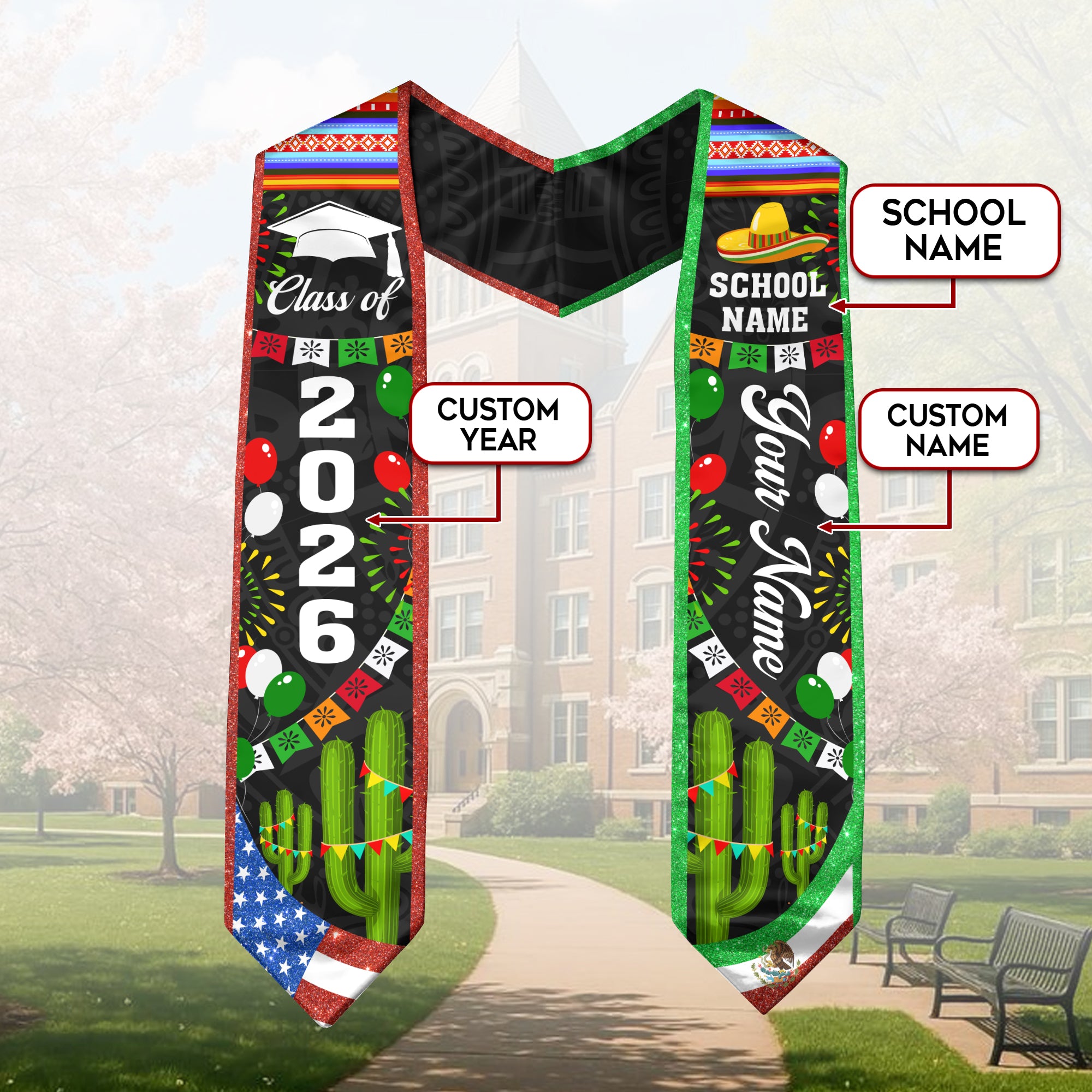 2026 Mexican Flag Graduation Sash, Mexico Stole for Graduation, Personal Detail Available