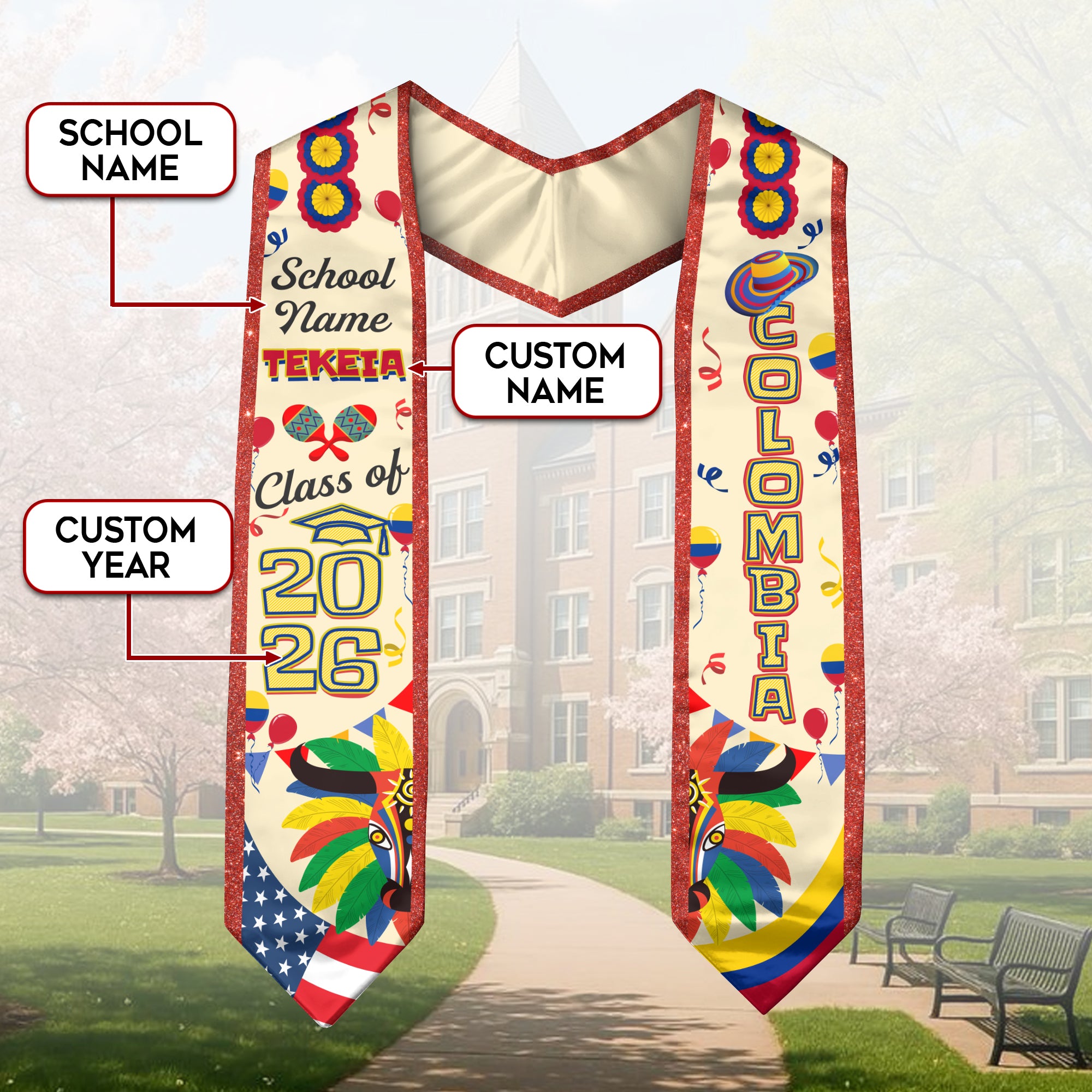 Colombia Flag Graduation Stole 2026, Colombian Grad Sash, Custom Option Class of 2026