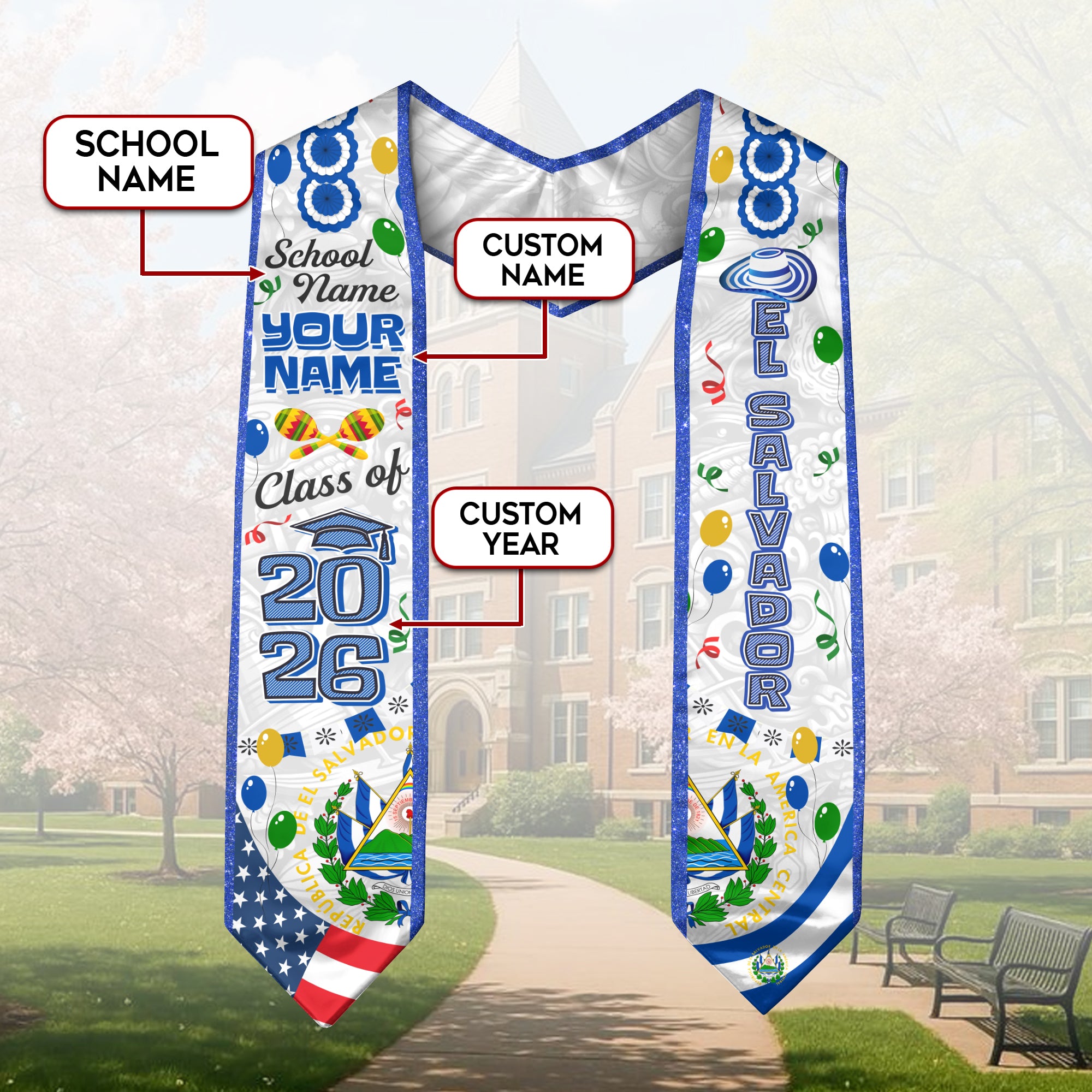 Customized Graduation Stole El Salvador, El Salvador Flag Graduation Sash, Custom Stole for Graduation 2026