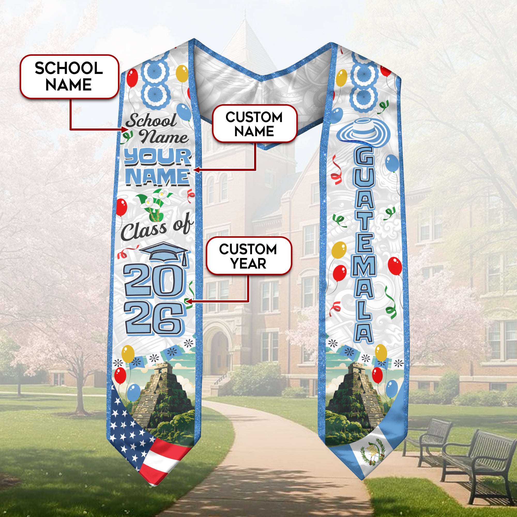 Customized Graduation Stole Guatemala, Guatemala Flag Graduation Sash, Custom Stole for Graduation 2026